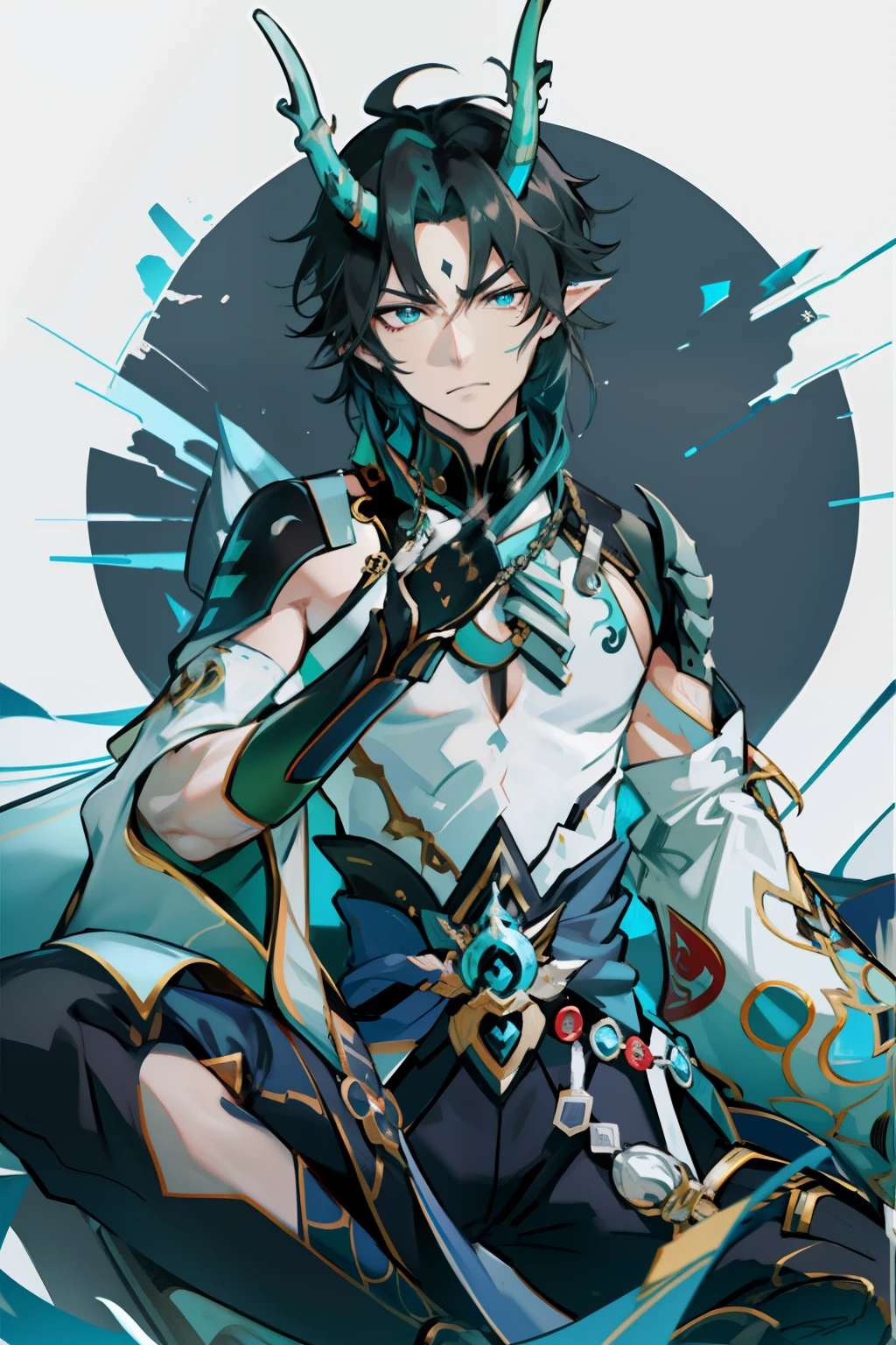 (absurderes,A high resolution,Hyper-detailing,hdr),Dragon's horn,tmasterpiece,best qualtiy,1人,独奏,Handsome,Golden eyes,Fine eyes and detailed face,toppless,Tattooed with,arma,seated on a throne,pervert smirk,Abs,chest muscle,Raised sexy,Ruffian,Show your temperament,Male,masculine appeal,Male characteristics are distinct,