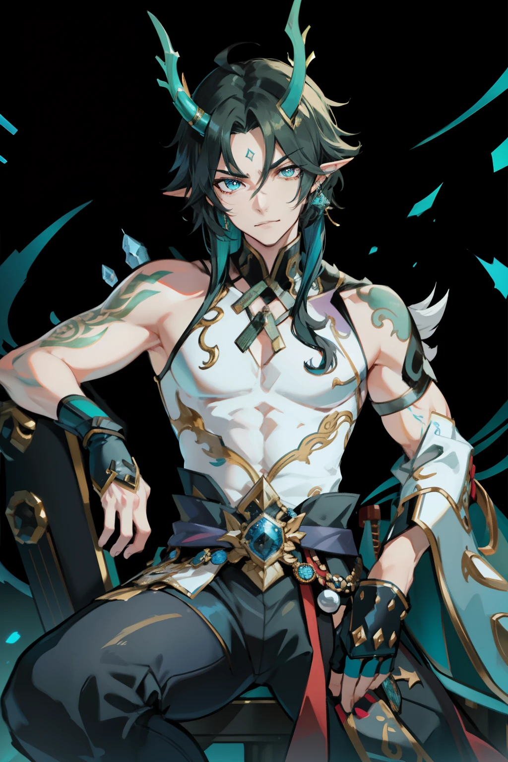 （absurderes，A high resolution，Hyper-detailing，hdr），Dragon's horn，tmasterpiece，best qualtiy，1人，独奏，Handsome，Golden eyes，Fine eyes and detailed face，toppless，Tattooed with，arma，seated on a throne，pervert smirk，Abs，chest muscle，Raised sexy，Ruffian，Show your temperament，Male，masculine appeal，Male characteristics are distinct，