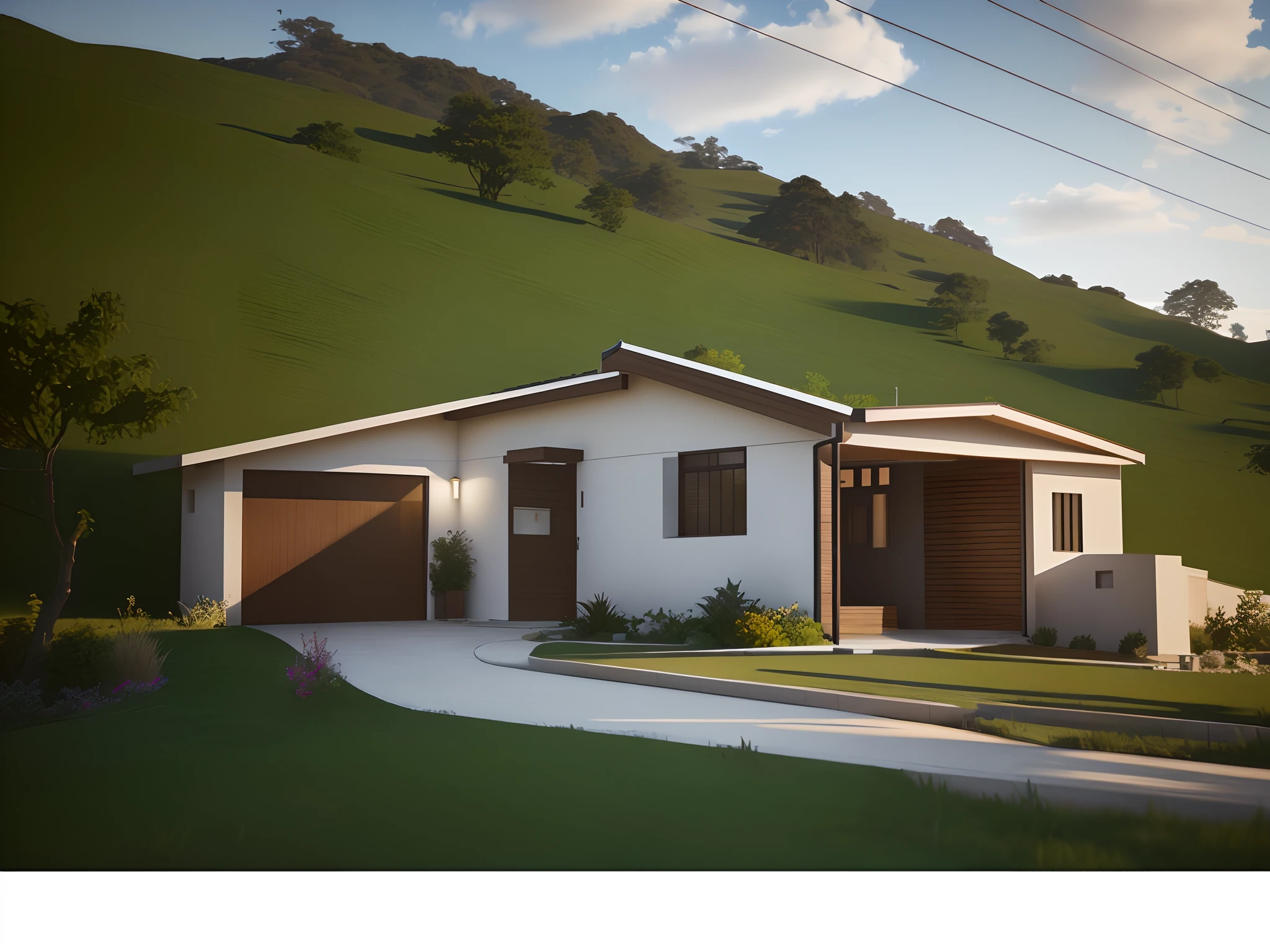 There is a house with garage and garage in the front yard, semi-realistic rendering, Renderizado no Lumion Pro, pre-rendered, finalrender, renderizado em lumion, lumion rendering, clean render, bem renderizado, realism rendering, altamente renderizado!!, renderizado em unreal engine 3d, 3 d renders, em estilo de realismo simplificado, finalrender