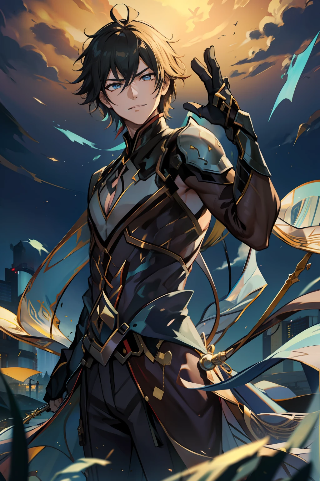 Arataki Kazuto,(absurderes,A high resolution,Hyper-detailing,hdr),tmasterpiece,best qualtiy,1人,独奏,Handsome,Golden eyes,Fine eyes and detailed face,toppless,Tattooed with,arma,pervert smirk,Abs,chest muscle,Raised sexy,Ruffian,Show your temperament,Male,masculine appeal,Male characteristics are distinct,tightsuit,(Cloak),