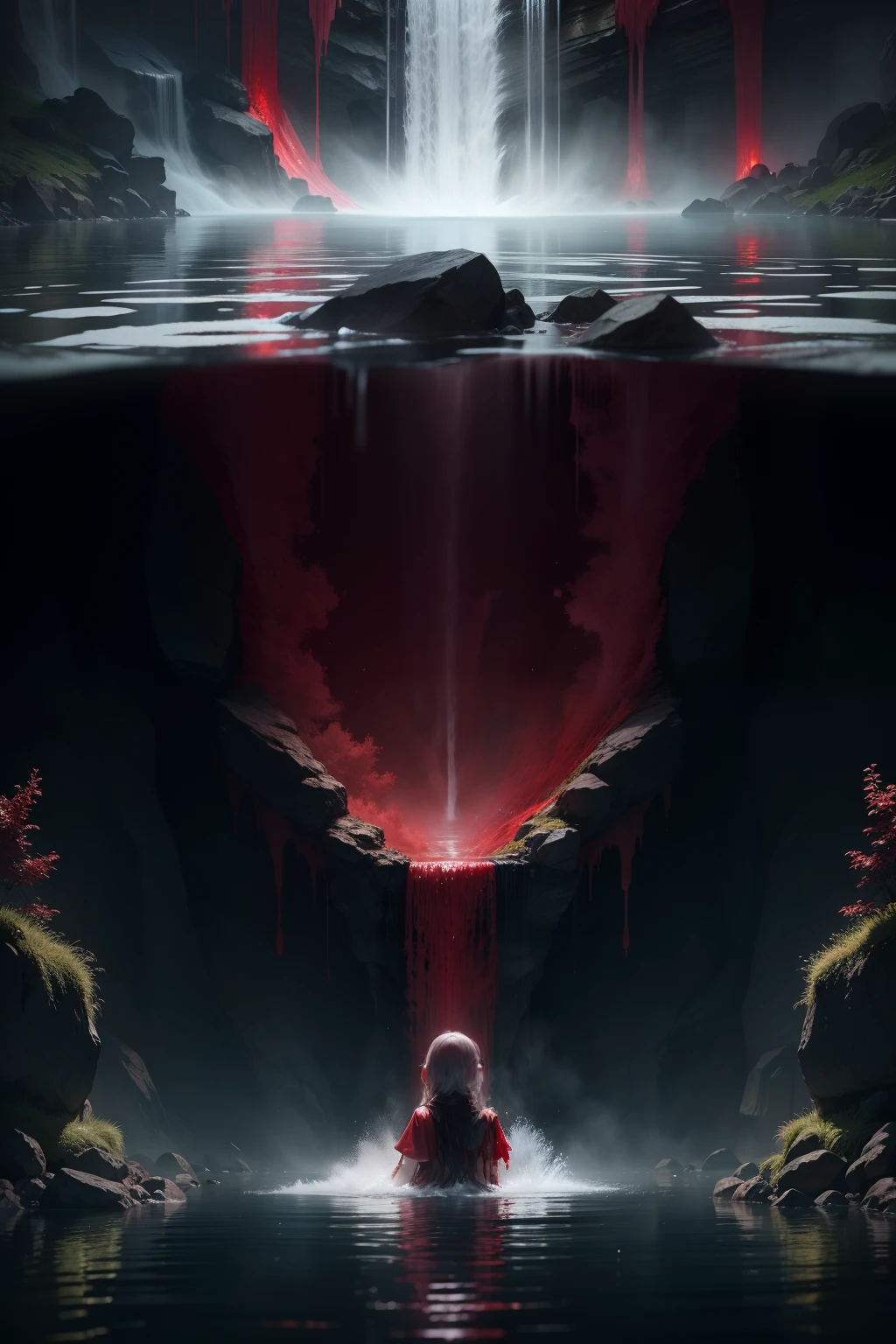 A waterfall of blood descends into a pool of water, a girl in the middle of the water