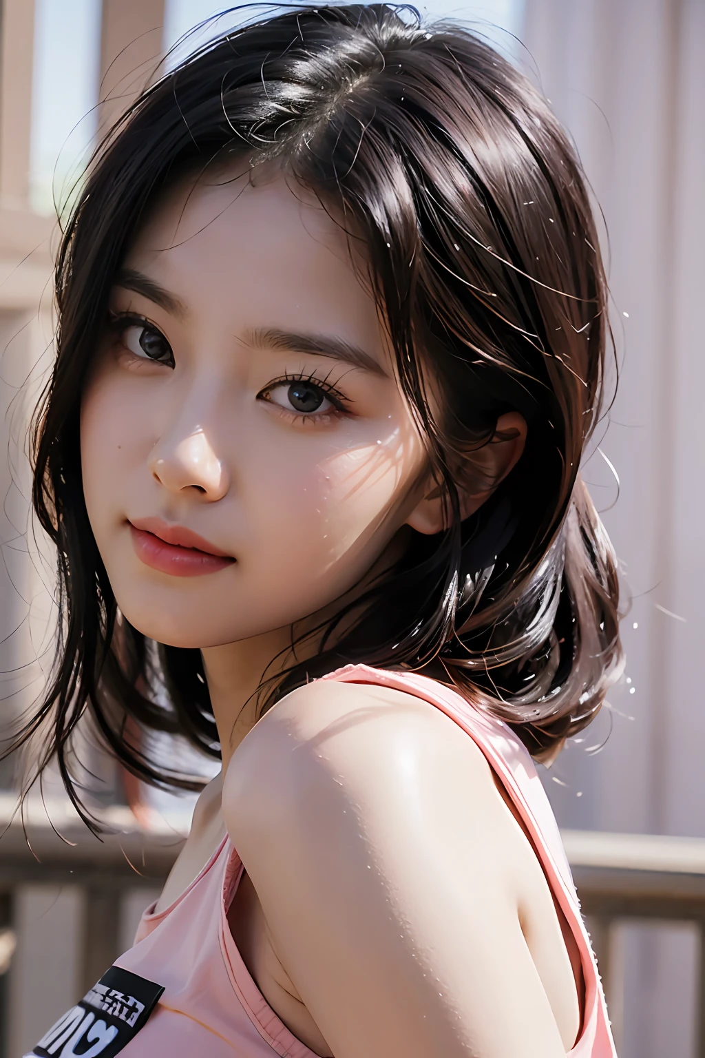 Best Quality, Masterpiece, Super High Resolution, (Realistic: 1.4), Original Photo, Official Art, Wallpaper, Bust Photo, Skin, Simple Background, Black Eyes, Details, 1 Girl, Pink T-Shirt, Breeze, Sunshine, Shy Face, Water Mist, Studio Light,
