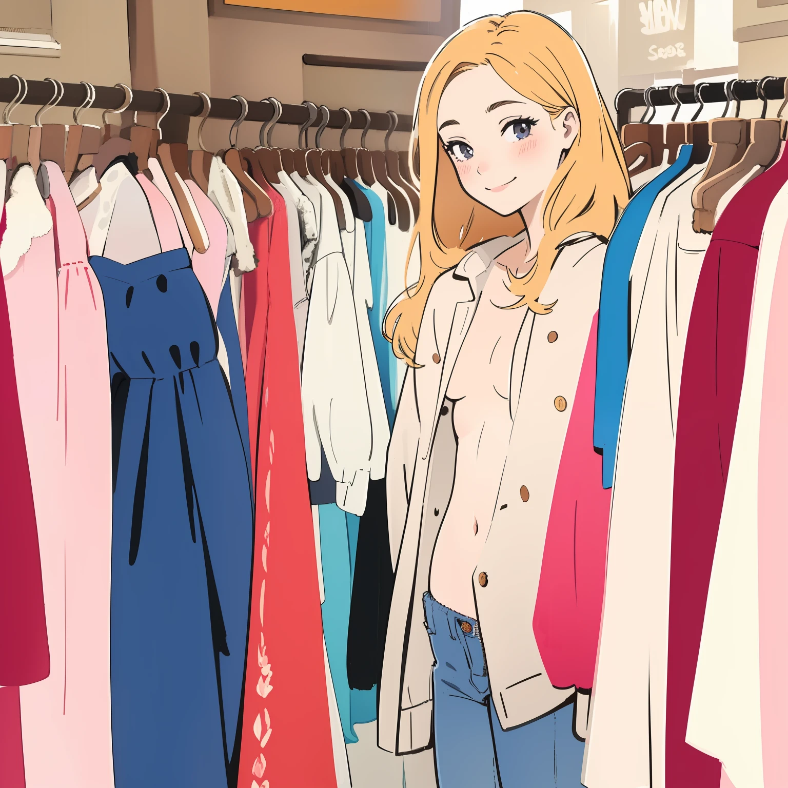(masterpiece, high quality), 1girl, closeup, 18yo, naked, small breast, long hair, in a clothing store, choosing clothes, shy smile, blush, vibrant colors, bright, white, watercolor