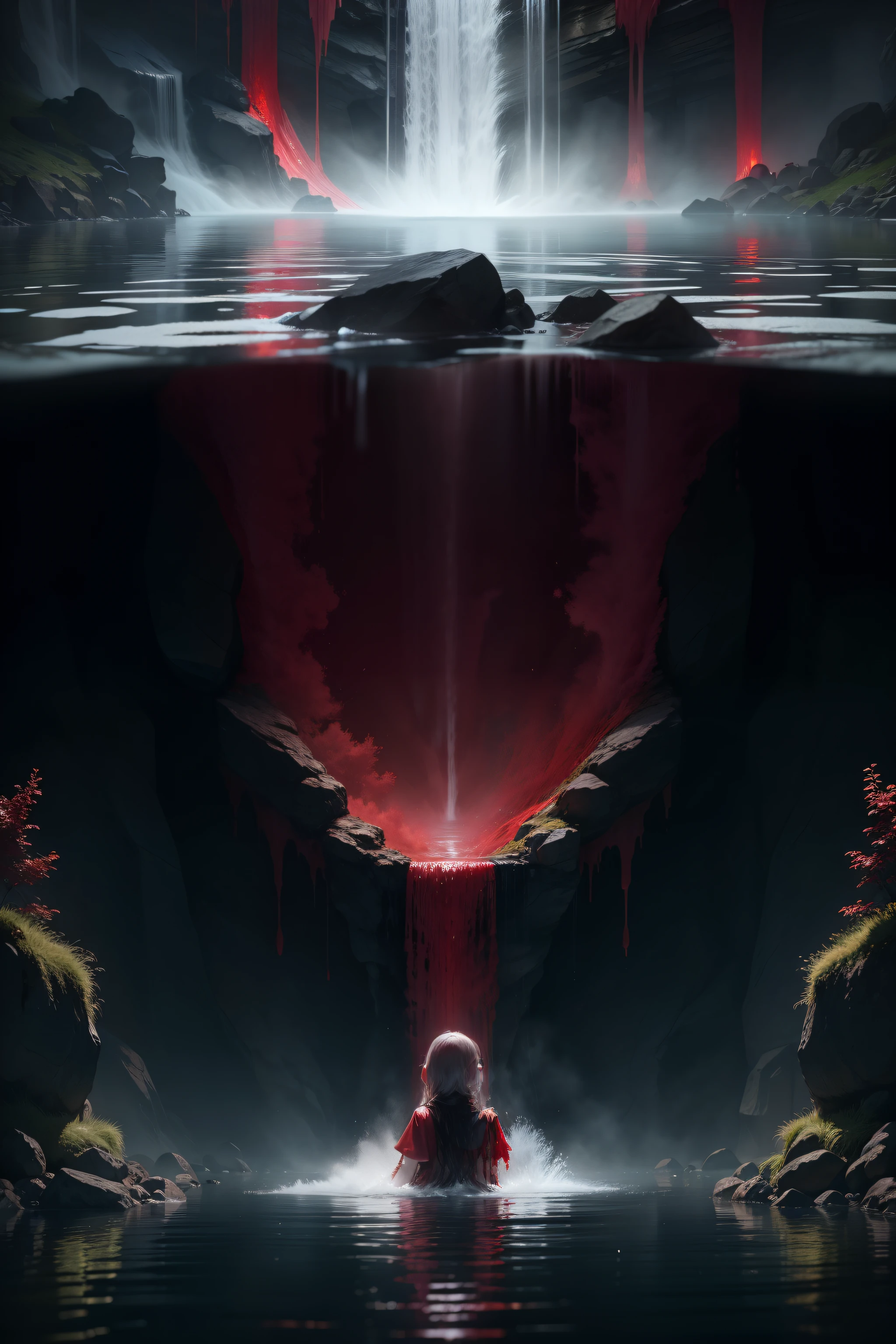 A waterfall of blood descends into a pool of water, a small baby girl in the middle of the water