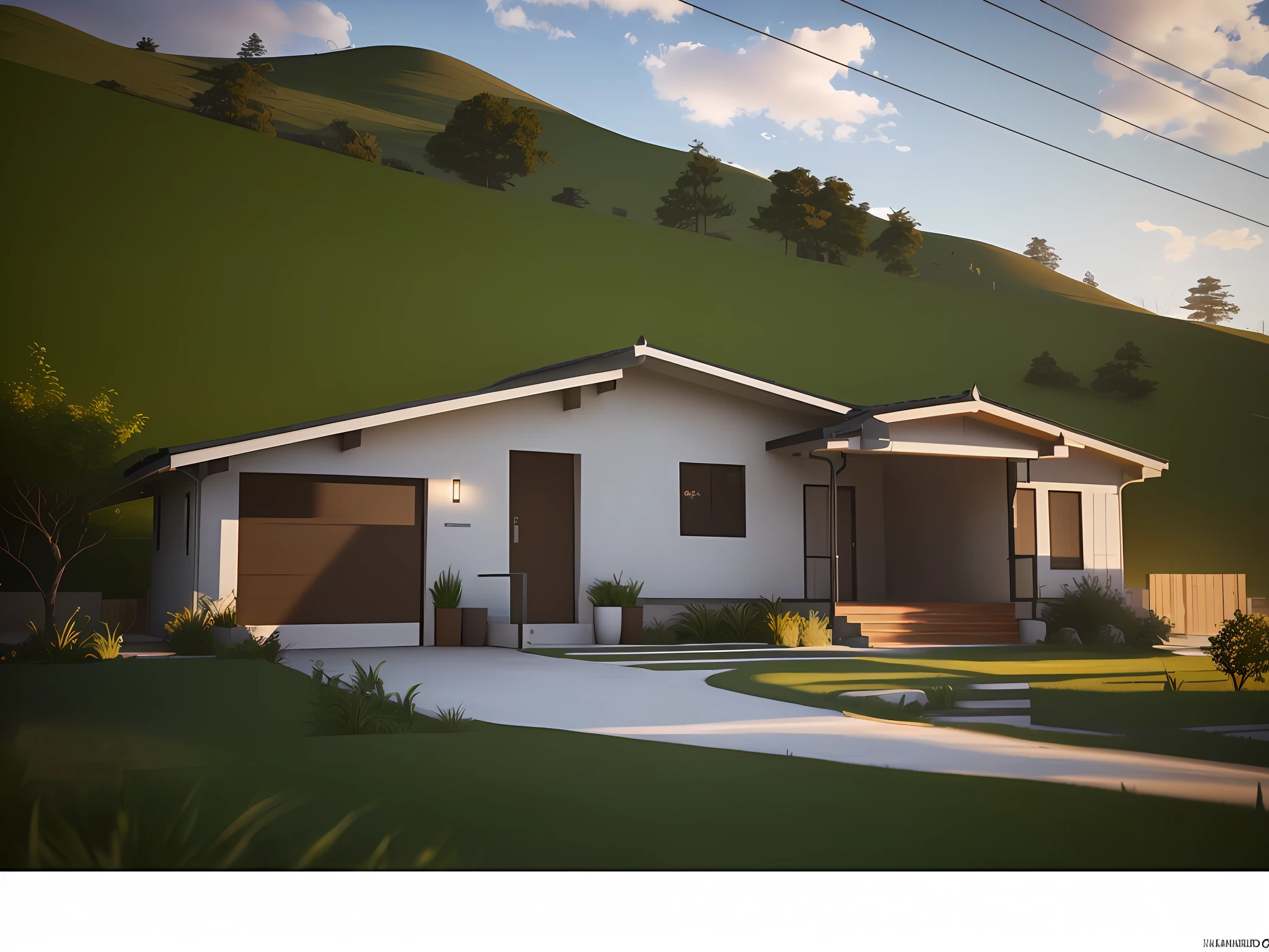 There is a house with garage and garage in the front yard, semi-realistic rendering, Renderizado no Lumion Pro, pre-rendered, finalrender, renderizado em lumion, lumion rendering, clean render, bem renderizado, realism rendering, altamente renderizado!!, renderizado em unreal engine 3d, 3 d renders, em estilo de realismo simplificado, finalrender