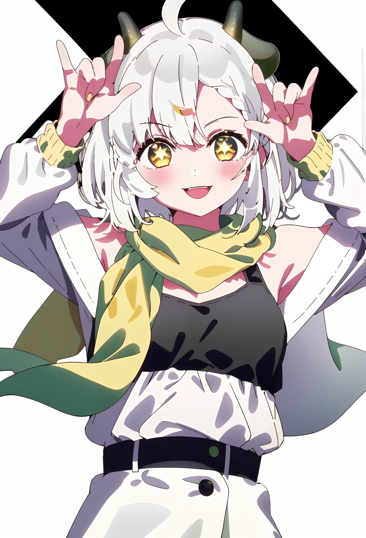 1girl, solo, double \m/, \m/, upper body, ((one eye closed)), open mouth, looking at viewer, smile, blush,white background, simple background, ((white hair)), short hair,ahoge,((french braid)),((((green scarf)))),green hairclip,(((dark brown horns))),((golden yellow eyes)),((white jacket)),white coat,(off shoulder), (black bra),Hoshino Ai, star-shaped pupils,streaked hair,hands up