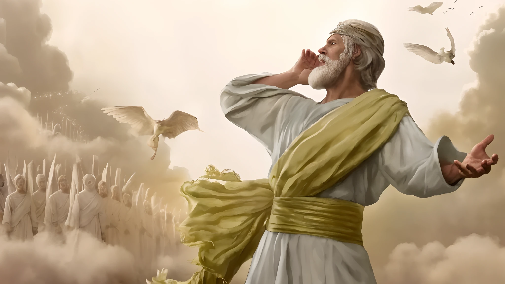 A male figure, perfect face and full of details, old white beard, very old, old body, big white beard, flying through the clouds, old man, representing Enoch, floats majestically through the vast skies. It is draped in a flowing robe and is illuminated by soft light, standing out against the backdrop of twinkling stars and constellations. His face expresses awe and awe as he travels through the cosmos. Style: Hyperrealism, inspired by Renaissance paintings. Illumination: A soft divine light illuminates Enoch, creating a halo around him. Colors: Celestial tones with an emphasis on blues and silver. Composition: Canon EOS R5 Mirrorless camera, RF 24-70mm f/2.8L IS USM lens, 45 megapixel resolution, ISO sensitivity: 20,000, Shutter speed 1/60. --ar 16:9 --v 5.1 --style raw --q 2 --s 750