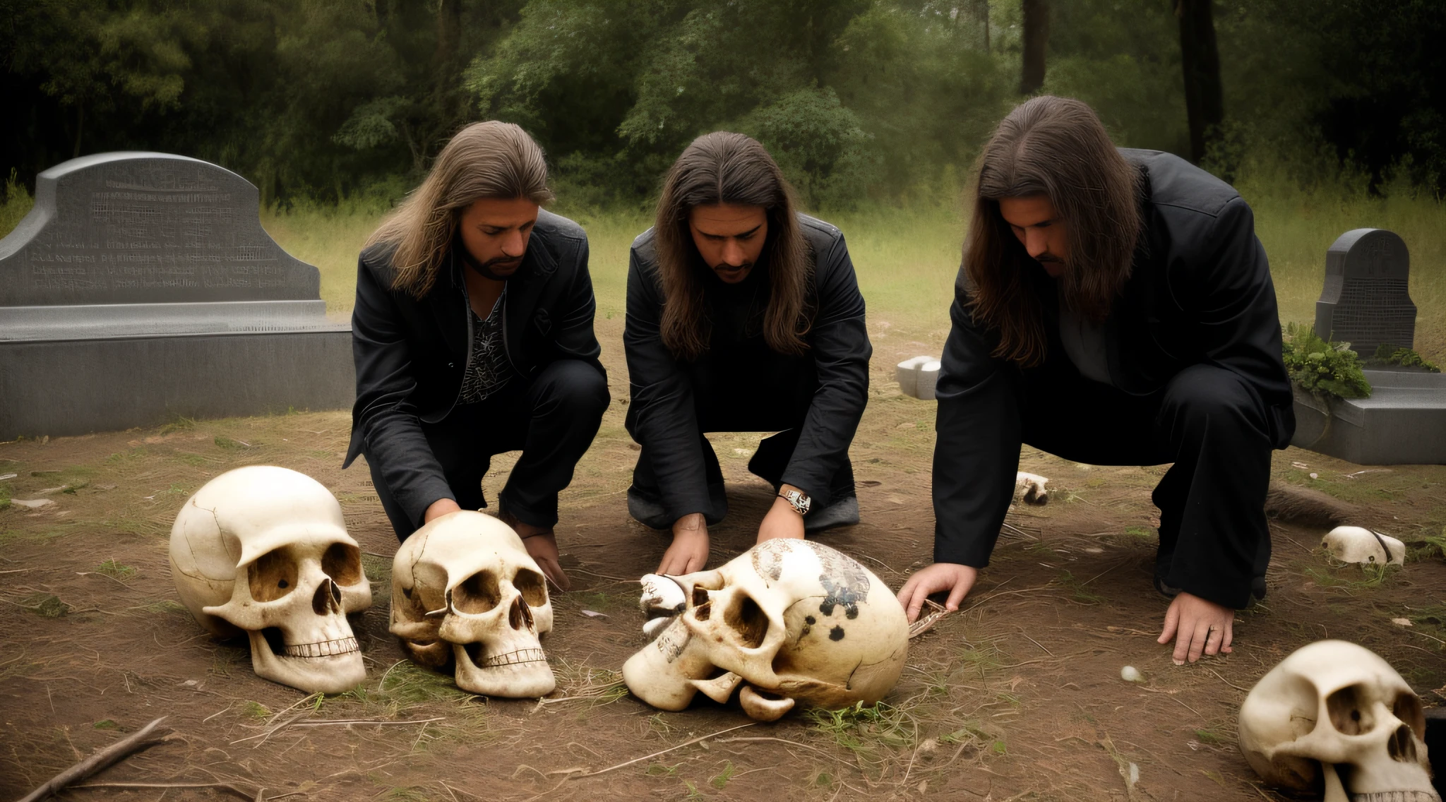 TRES GAROTOS DE 20 ANOS BLONDE hairstyle LONG HAIR BLACK JACKET , There are two skulls sitting on the earth on the ground, human skulls on ground, skulls are lying underneath, Skulls on the ground, skeletons on the ground, skulls, skulls and skeletons, bones lying on the ground, cementary of skulls, sacred skulls, esqueletos ressuscitando dos mortos, sentam-se ao lado de uma pilha de ossos, skulls and bones, Esqueletos