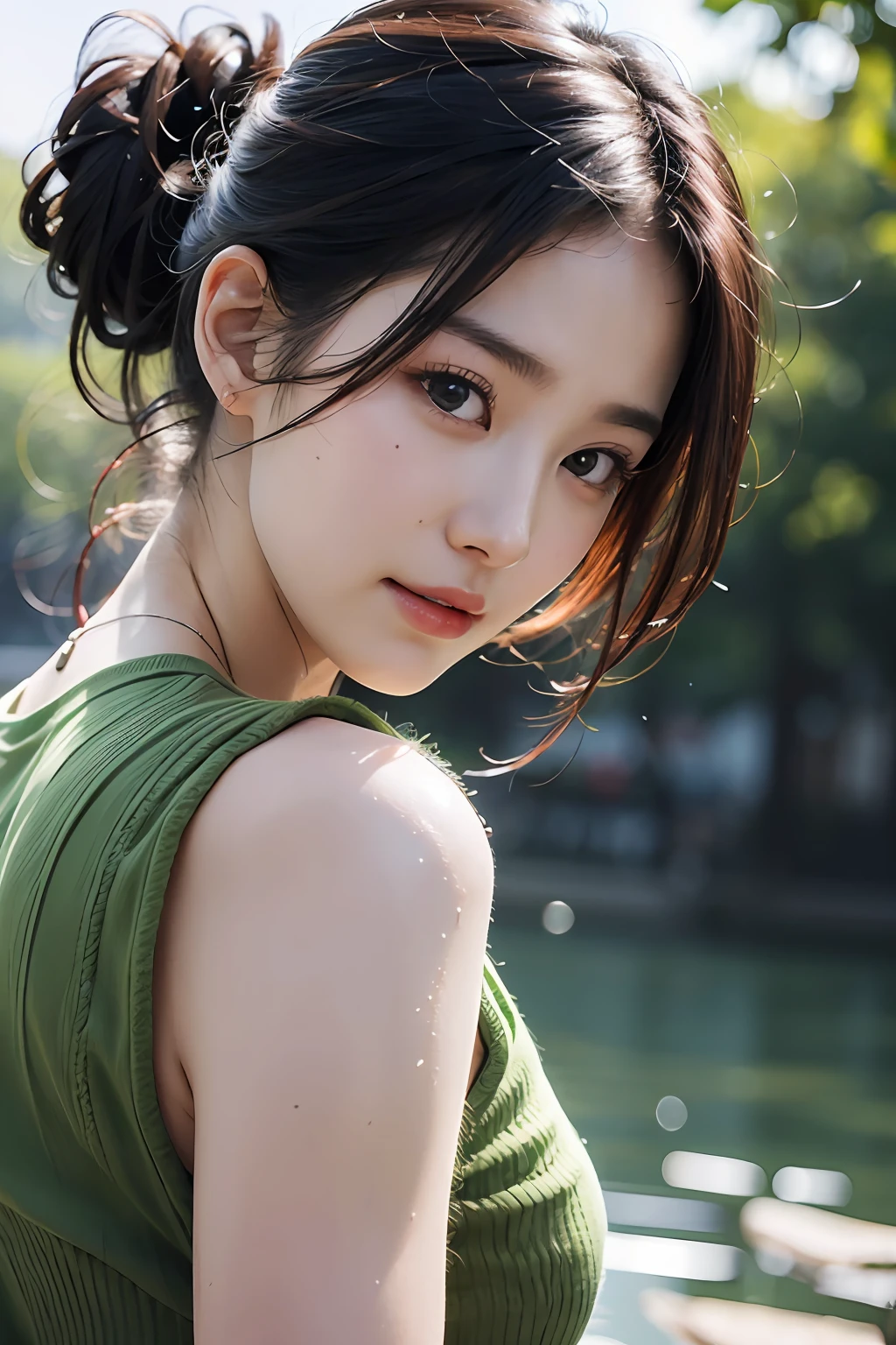 Best Quality, Masterpiece, Super High Resolution, (Realistic: 1.4), Original Photo, Official Art, Wallpaper, Bust Photo, Skin, Simple Background, Black Eyes, Details, 1 Girl, Pink T-Shirt, Breeze, Sunshine, Shy Face, Water Mist, Studio Light,