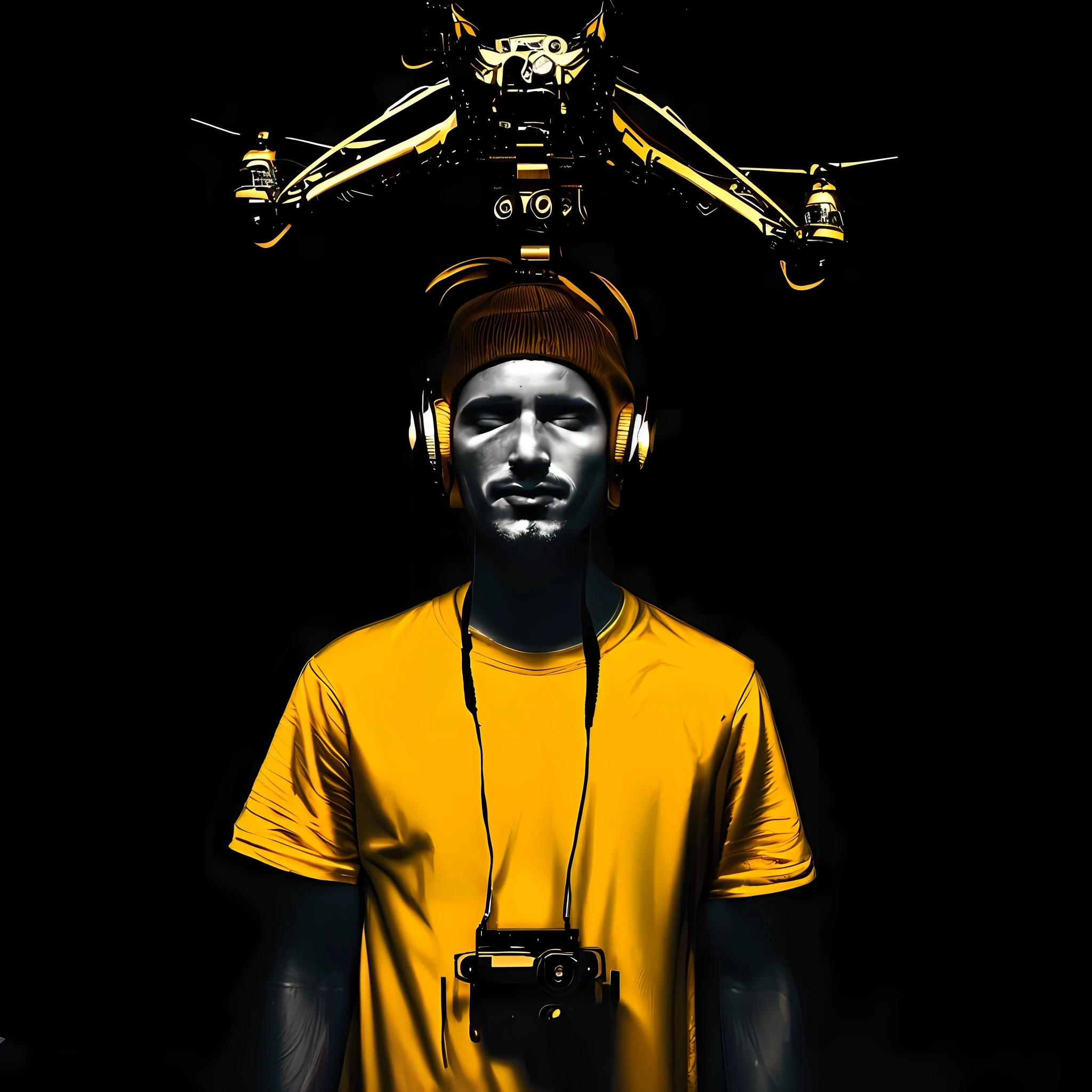 Foto raw, ((8k)), Man with headphones and a camera in front of a camera, O Rei dos Drones, Fotograpghy drone, headphones on head, headphones on head, PunkDrone, fotografia de Drones, Perspective of the drone, drone, Fones de ouvido flutuantes, Drones, The man with the robot head, Beeple e Greg Rutkowski, Beeple e Mike Winkelmann