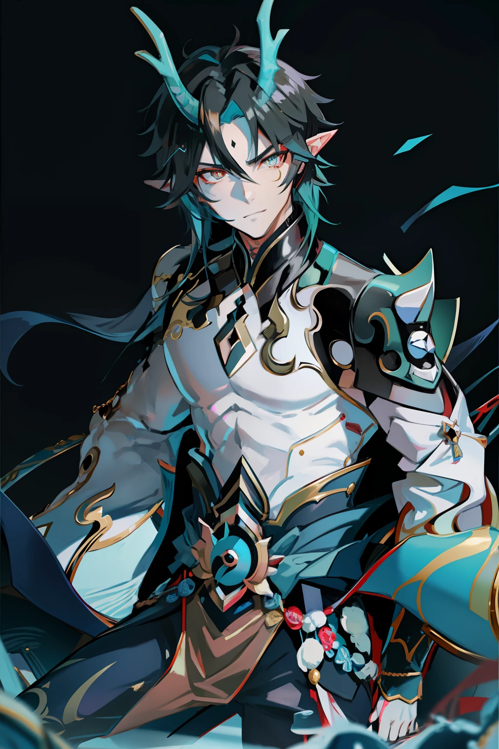 (absurderes,A high resolution,Hyper-detailing,hdr),Dragon's horn,tmasterpiece,best qualtiy,1人,独奏,Handsome,Golden eyes,Fine eyes and detailed face,toppless,Tattooed with,arma,seated on a throne,pervert smirk,Abs,chest muscle,Raised sexy,Ruffian,Show your temperament,Male,masculine appeal,Male characteristics are distinct,