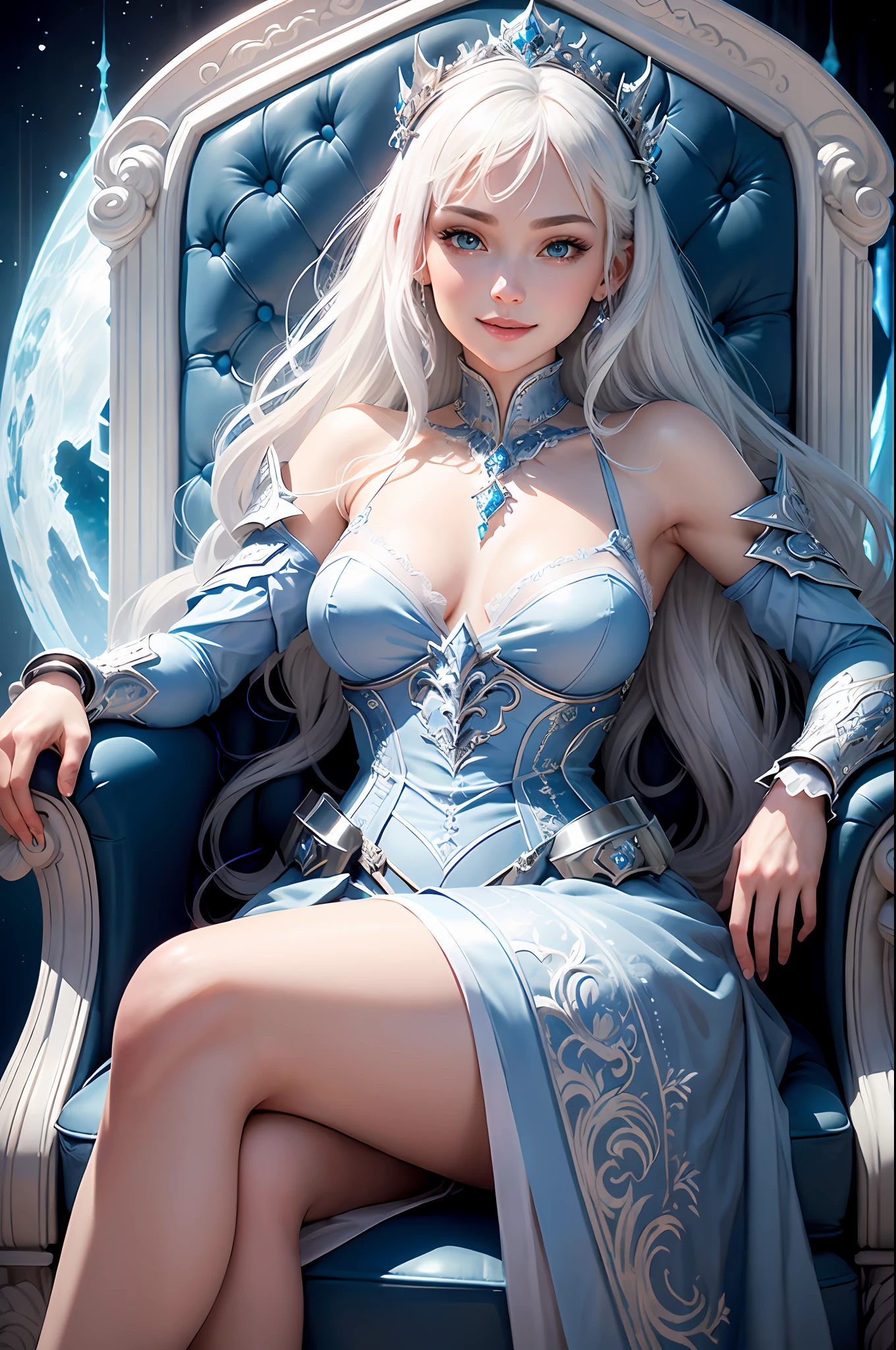masterpiece, highly detailed, high quality, delicate ice throne, huge blue moon, 1girl, ice princess, playful, smile, dynamic angle, lying on throne, legs on armrest, mystical, fanatic, intricate, surreal, delicate, small boobs,wearing armored gothic dress, white hair, cinematic lighting, ice, athletic, slim, small breasts