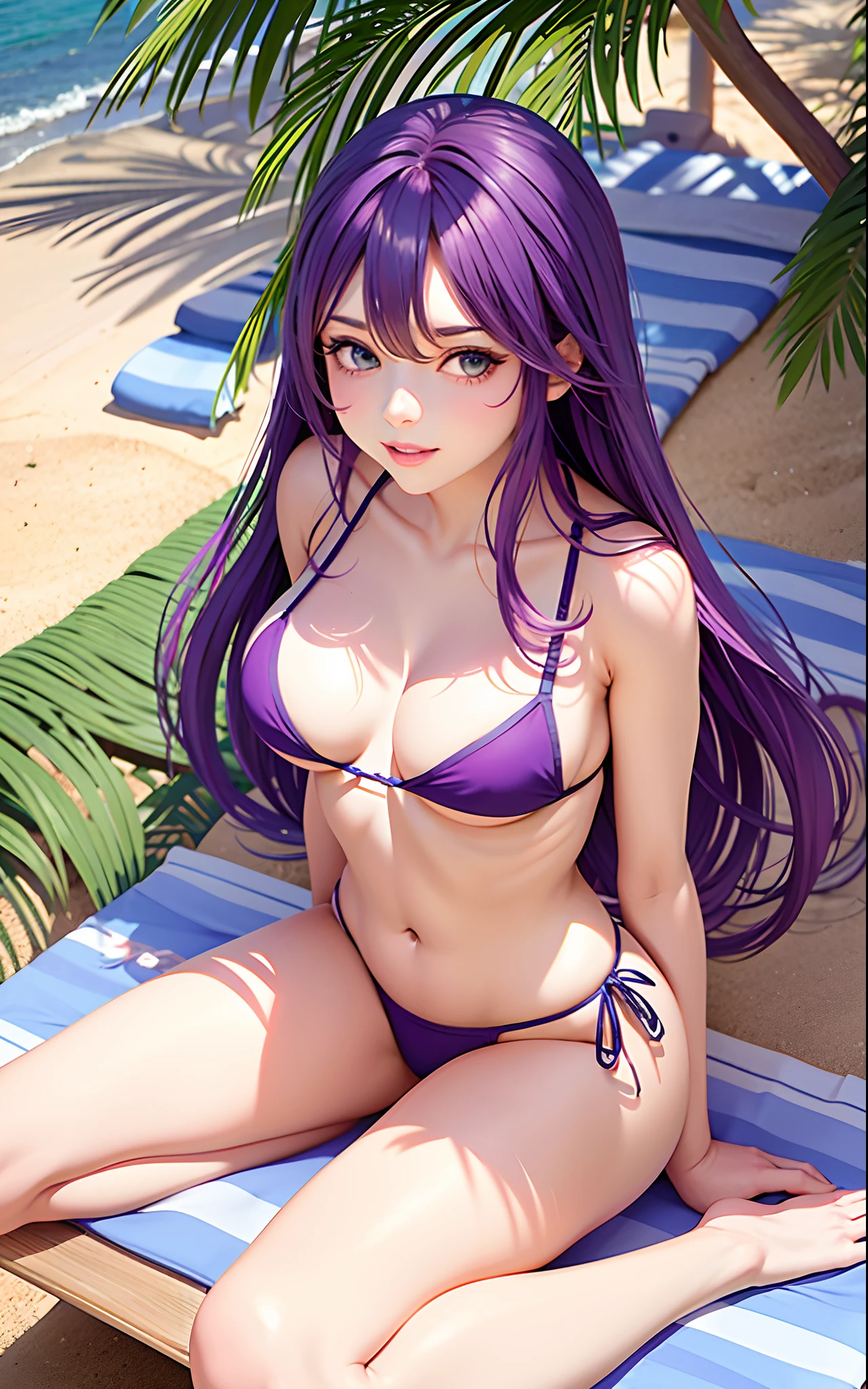 Purple long-haired girl，in a bikini，sits cross-legged on the beach