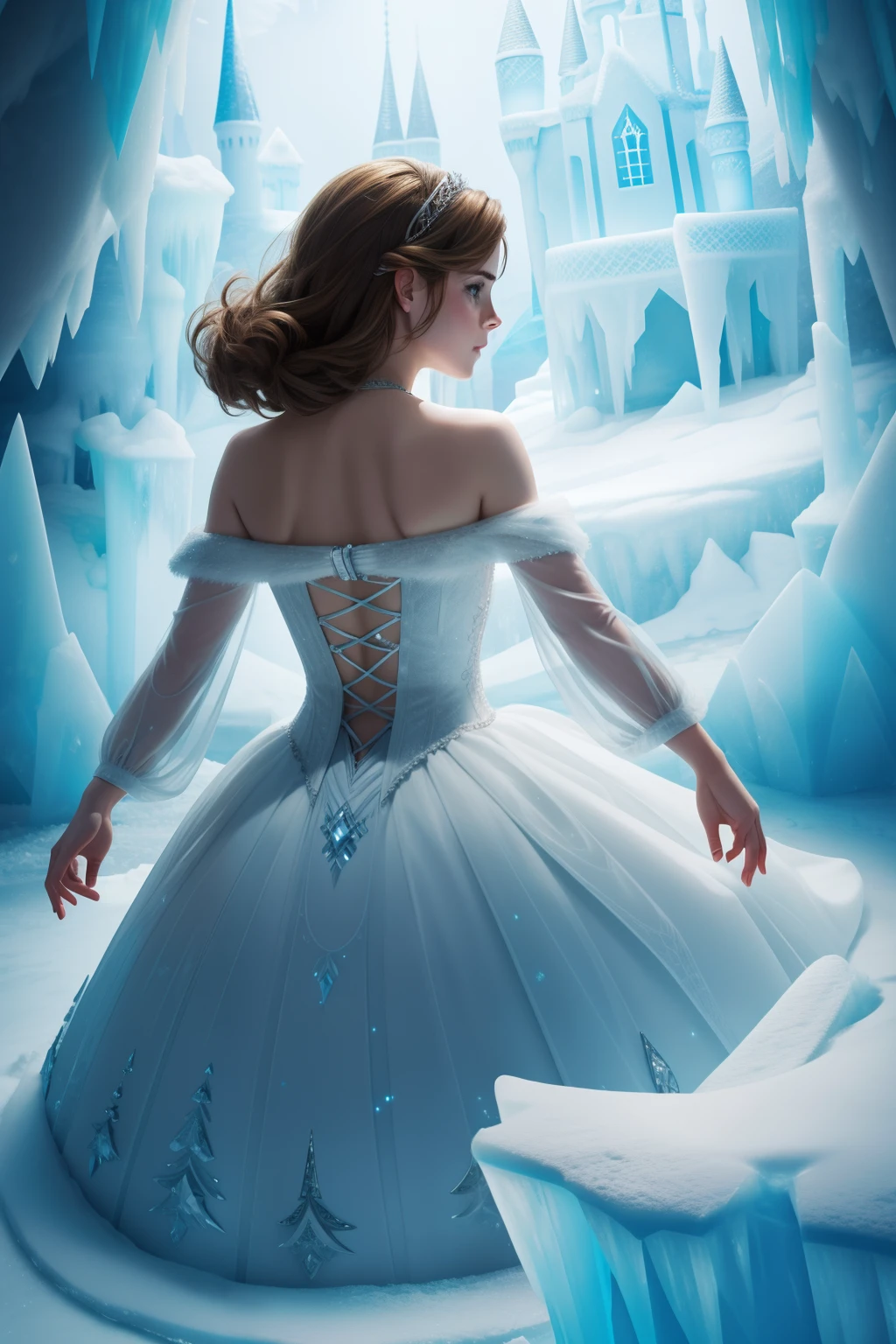 "Emma Watson in an enchanting ice castle."