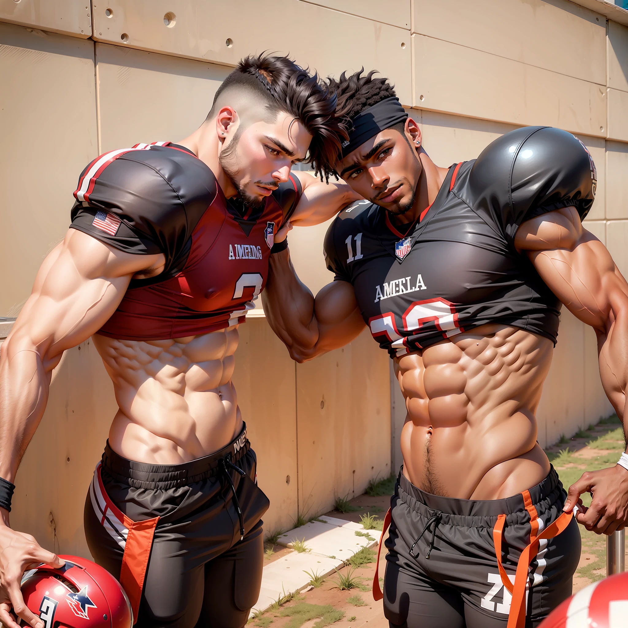 Two young male American football players, fit, one black, one Hispanic, toned abs, red shirt:1.4, red pants:1.4