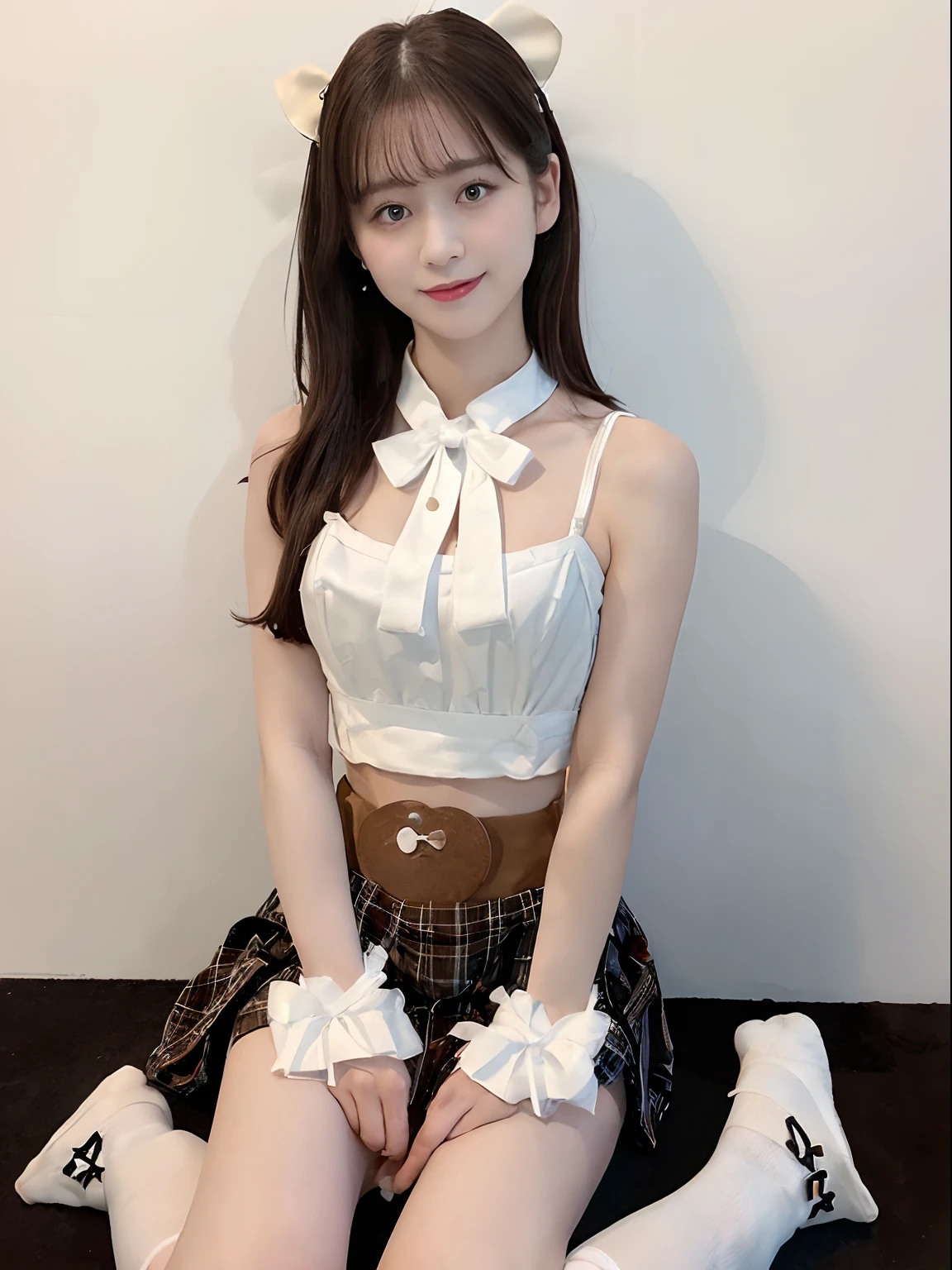 1girl, beautiful vintage color, instagram (photorealistic, high resolution:1.4), ((puffy eyes)), looking at viewer, , full body (8k, RAW photo, best quality, masterpiece:1.2), (realistic, photo-realistic:1.37),(sharp focus:1.2), professional lighting, photon mapping, radiosity, physically-based rendering, (pale skin:1.2),age 16,　school girl, (cute face, slender,body, slim lags), (perky uplifted breasts:1.2),（cleavage:1.2）, (smile:1.1), (long hair:1.5), portrait, ,bangs, (simple background:1.5), solo, (upper body:1.5) realistic,　(masterpiece:1.4),(best quality:1.4),(shiny skin), makeup, skinny,closed mouth,shy :1.3) ,(wearing longer whitebustier with plunging neckline, tartan skirt, white bow-tie, white socks, brown coin loafer:1.5),　(walking in park) , looking at viewer,