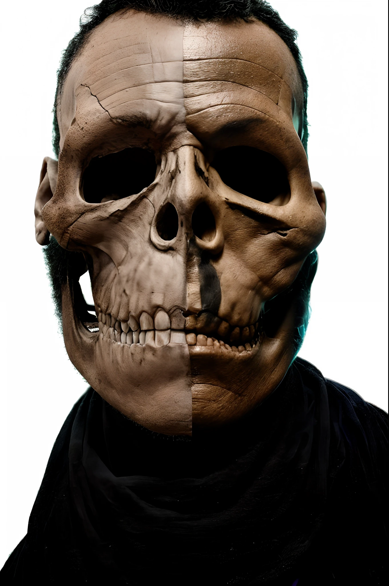 guttonerdvision10, A closeup of a man with a skull on his face, half skull half face, half skull face, skull like, metade rosto humano, skull face, half human half alien, Rosto realista e anatomia, simetria!! Retrato de Ciborgue, Meia cara, Retrato VFX altamente detalhado, skeleton face symmetrical face, realistic face and body hybrid, meio humano, face with skull mask, Black backlit background
