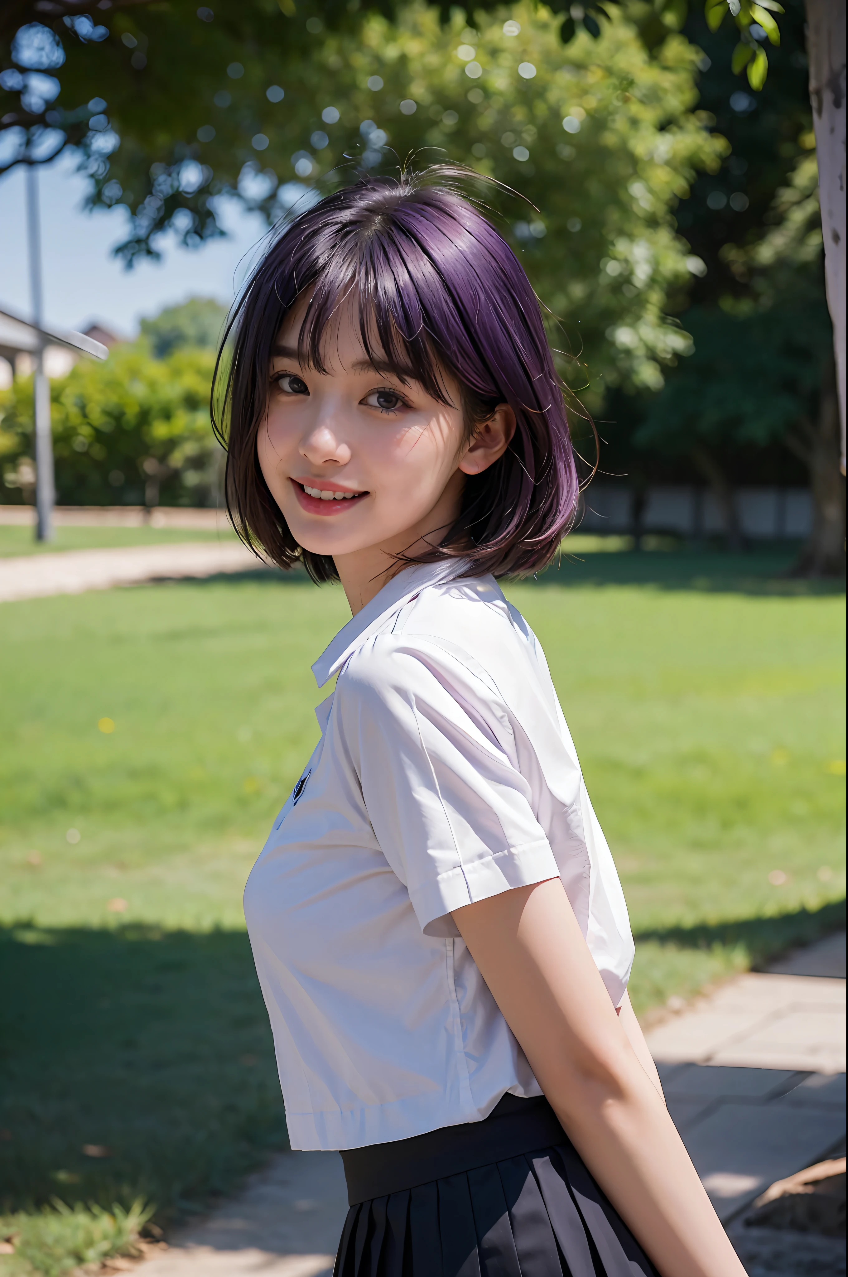 (8K,RAW photos,highest quality, masterpiece:1.2),(realistic art:1.2),expressive eyes,1girl,korean girl,(purple hair:1.1),short hair,young girl,flat breasts,extremely detailed,blue sky,trees,white shirt,cropped shirt,black japanese school skirt,short skirt,bangs,wind breeze,best shot,looking at viewer,smile