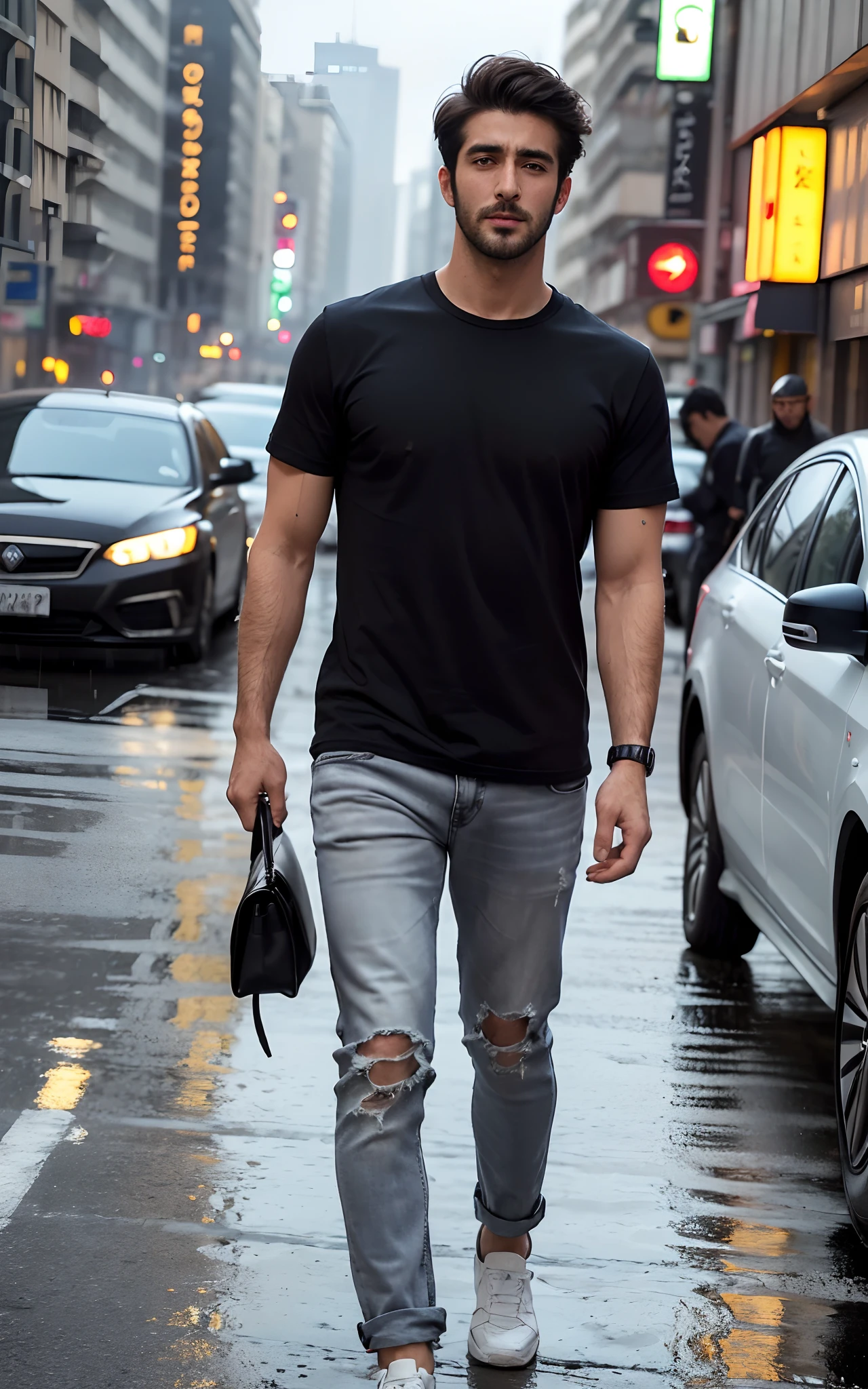 (RAW photo, best quality, highest quality, masterpiece:1.2), (realistic, photo-realistic:1.37), ultra high res, (1 man 32 year's old, light french cut, Tirkish handsome:2.0), (summer night:1.3), (white round neck plain Tee-shirt, regular fit baggy Tee-shirt, grey bottom fold regular fit lose jeans:1.3), (standing on a street, wet wide road:1.4), high rise buildings, traffic, cars, yellow cabs behind, rainy weather, headlights, walking style, rainy atmosphere, full body, Black cut shoes, model style Posing, carrying leather laptop bag on shoulder, (focus face:1.3), (high contrast:1.1), (detailed background:1.3), dynamic pose, intricate detail, delicate pattern, (vibrant, colorful:1.3), (high sharpness), middle eastern guy, fashion posing, short black hairstyle, plain regular fit lose Tee-shirt no printing on Teeshirt, light french beared, Turkish boy in walking style.