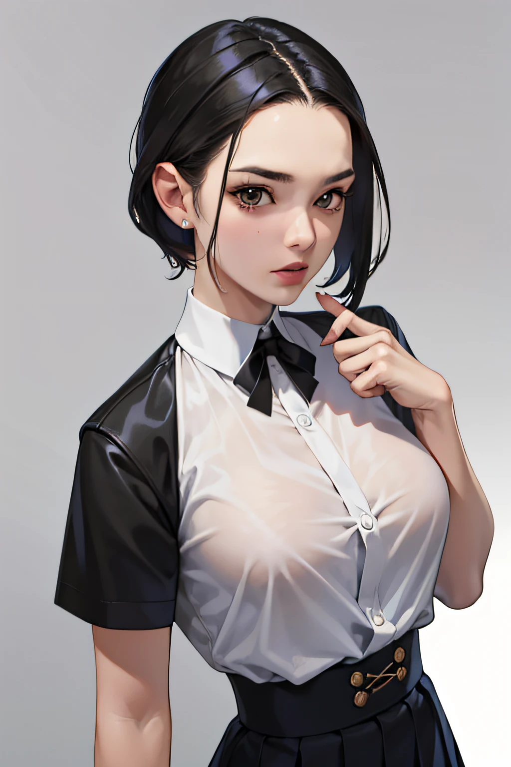 nsfw, obra-prima, melhor qualidade, ultra-detalhado, semi-realista, detailedfacialfeatures,1girl,cabelos aazuis, voluptuosa, usando uniforme escolar escuro, shy look,decotado,