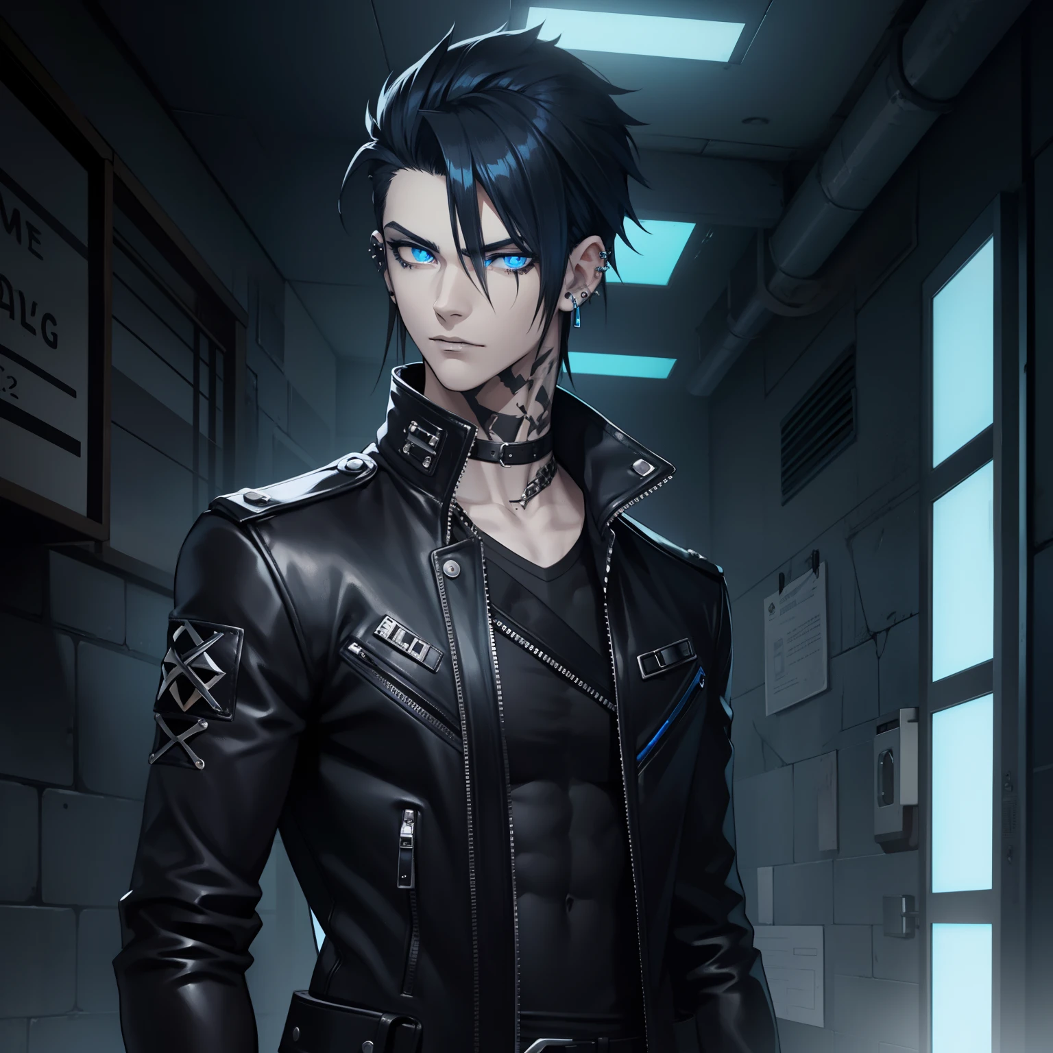 Male. Attractive Zombie. Glowing blue eyes. Slender, hut muscled. Black hair. Punk hairstyle. Lots of piercings. Dressed in leather.