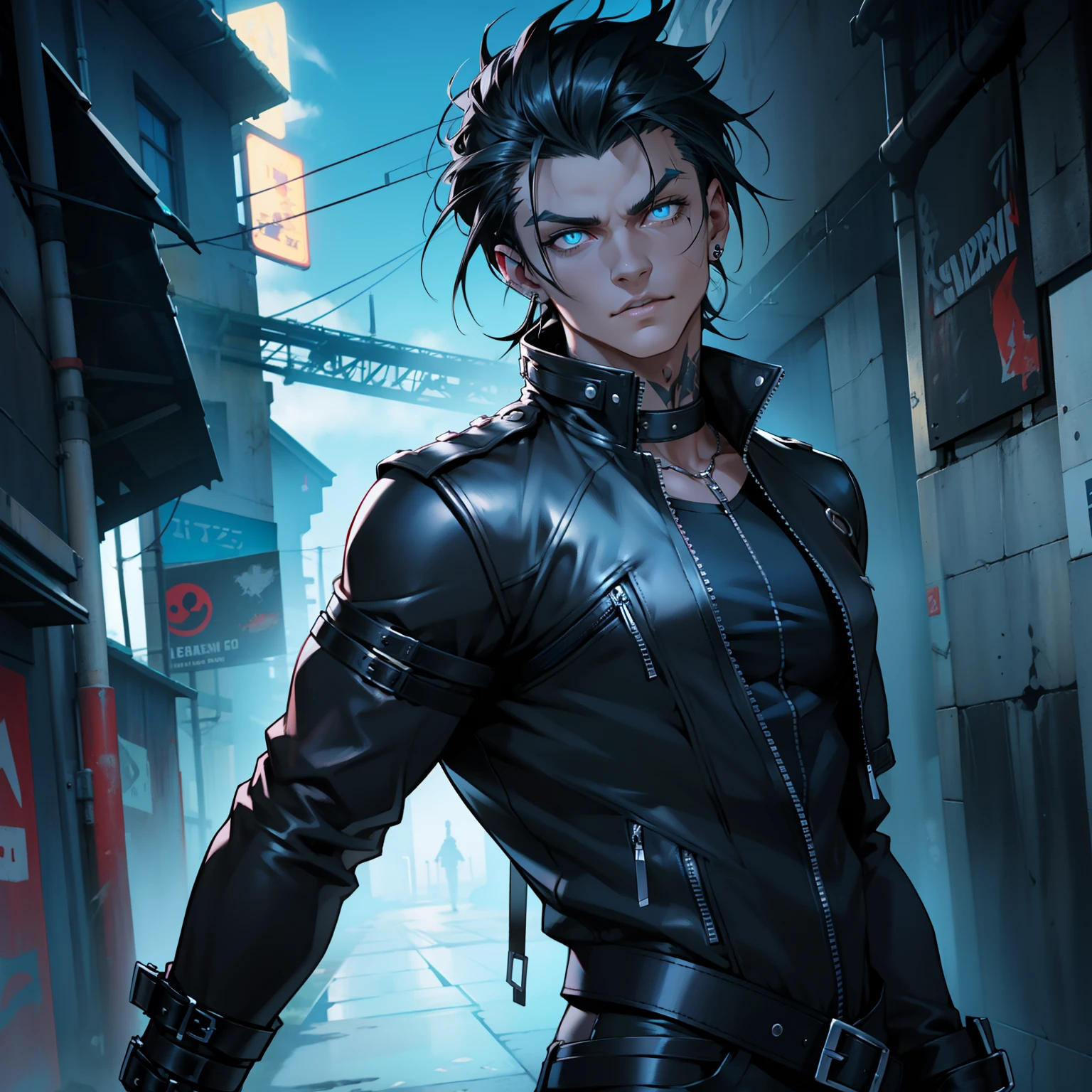 Male. Alluring Zombie. Radiant glowing blue eyes. Lean, yet muscular physique. Jet black hair styled in a punk fashion. Adorned with numerous piercings. Clad in sleek leather attire.