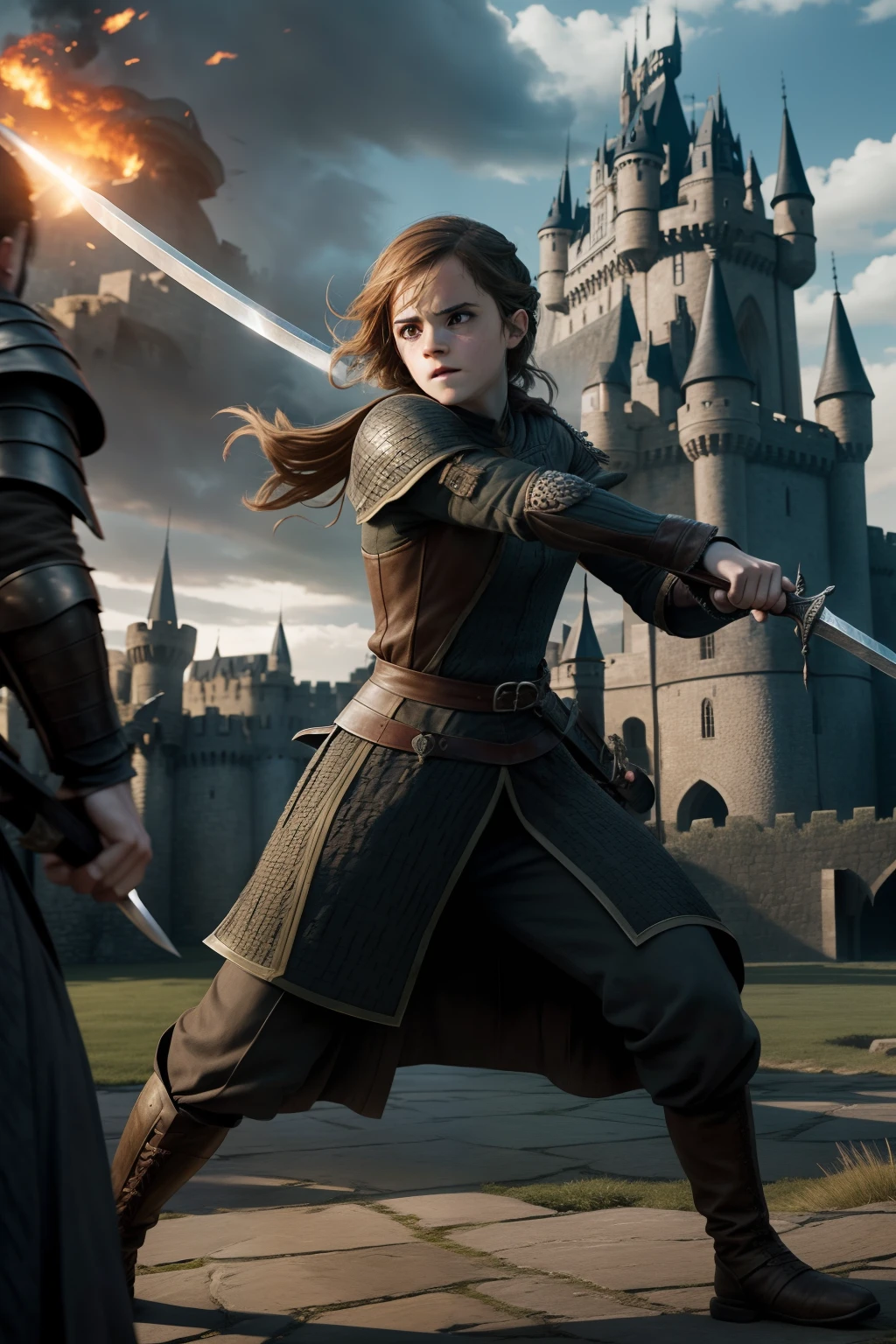 Emma Watson in a fierce battle stance, wielding a sword and shield as she defends a castle from a Game of Thrones-style siege.