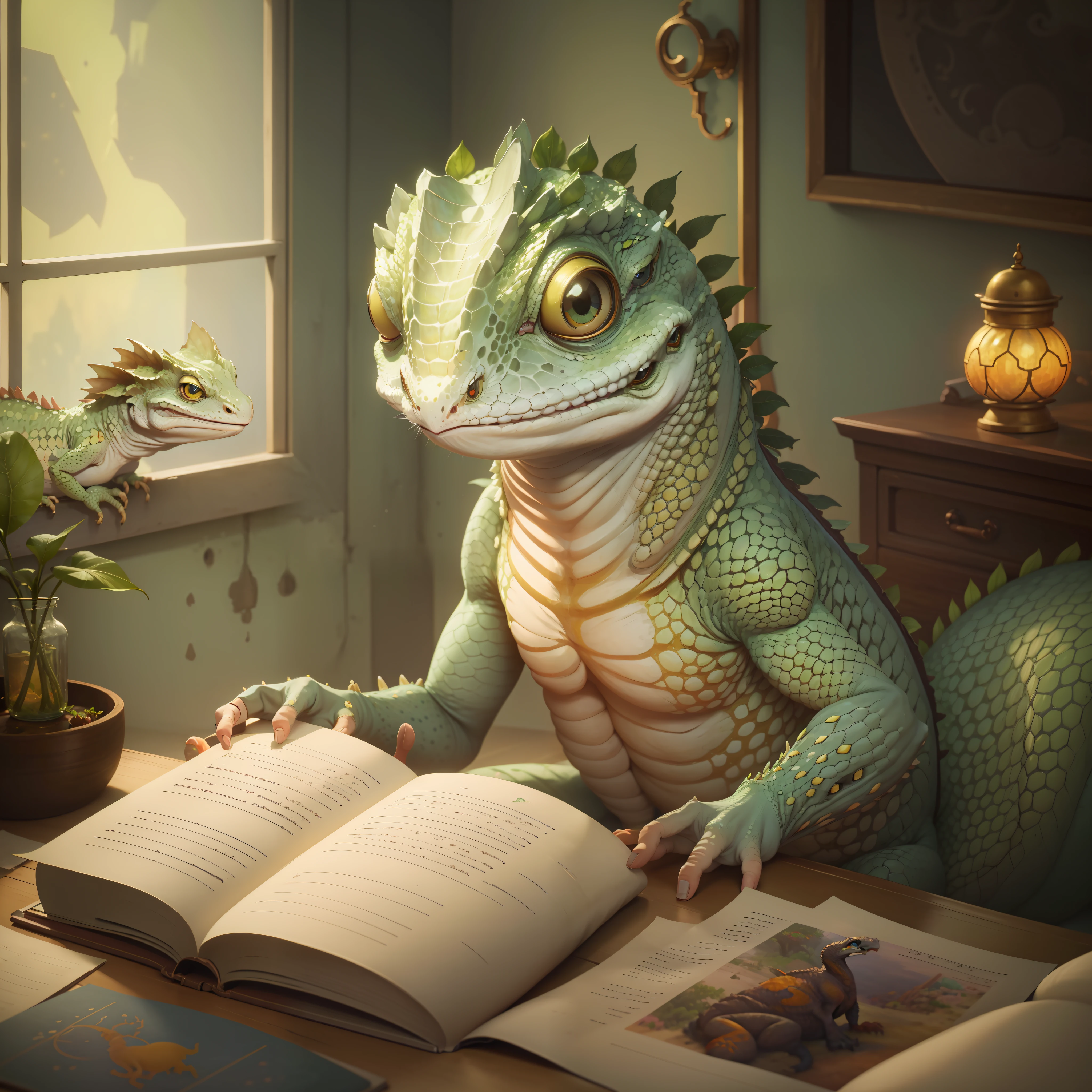 /imagine prompt: "Uma cena de um lagarto pogona humanoide desenhado pela Pixar lendo um livro," An image created to delight and amuse children, com um design alegre e cativante. The atmosphere is cozy and quiet, with a sense of calm and serenity around the scene. The camera is focused on the humanoid pogon lizard, with an illustration style inspired by Pixar's aesthetic. The artistic medium is animation, com um foco em criar uma cena encantadora e cativante. The techniques used include the use of vibrant colors and smooth animation, that create a sense of calm and serenity. The color palette is dominated by shades of green and yellow, com alguns toques de vermelho e laranja. The humanoid pogona lizard is sitting on a comfortable sofa, reading a book on a nearby table. He's dressed in a green T-shirt and yellow pants, que combinam com sua pele escamosa. The book he is reading is colorful and has beautiful illustrations, that capture the imagination of the humanoid pogona lizard. The scene is charming and inspiring, with a sense of tranquility and curiosity that is sure to please children. —c 10