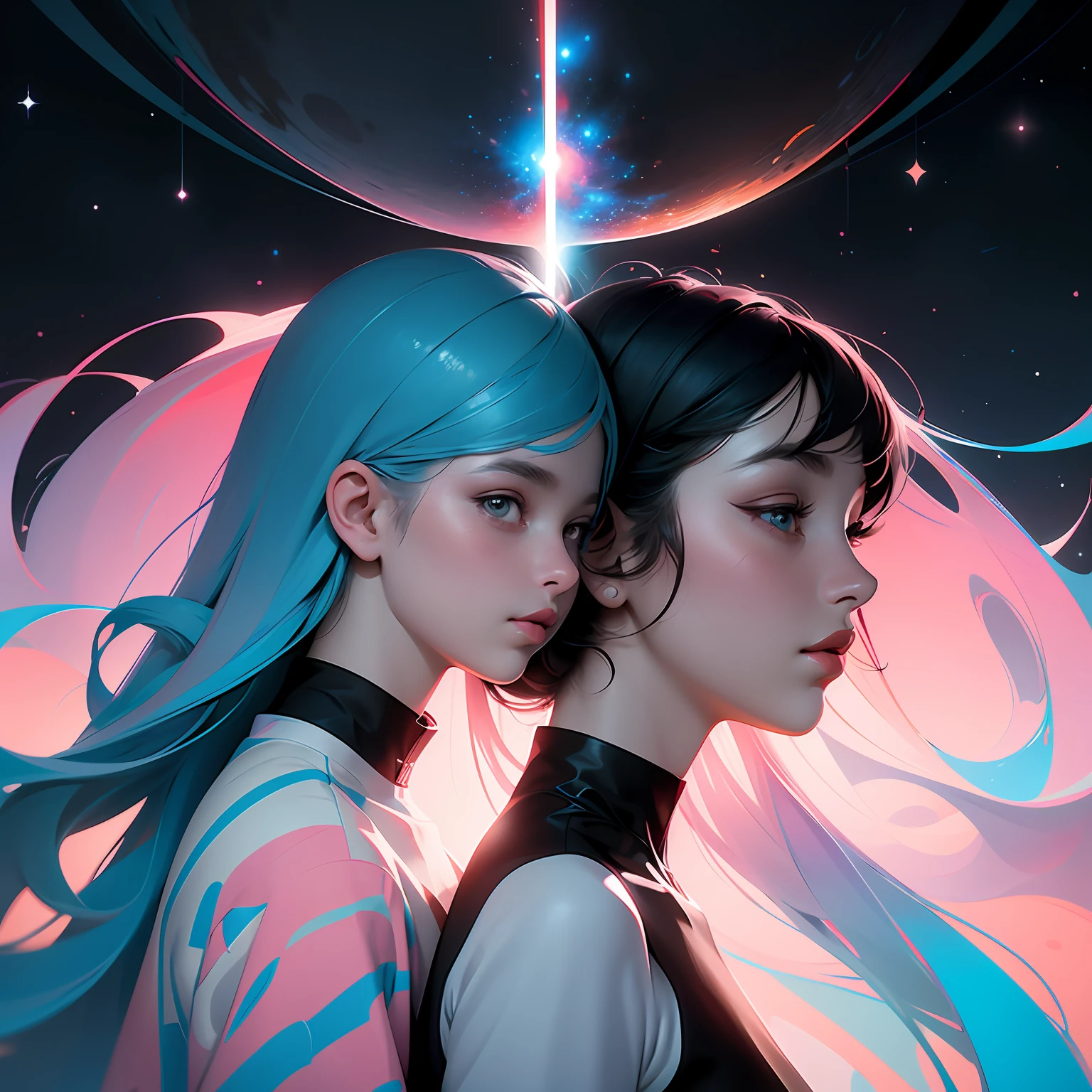 masterpiece, best quality, illustration, two girls in parallel universe, two girls separate in two different worlds, contrast of two world, Bauhaus, shapes, lines, colours, abstract, cosmic