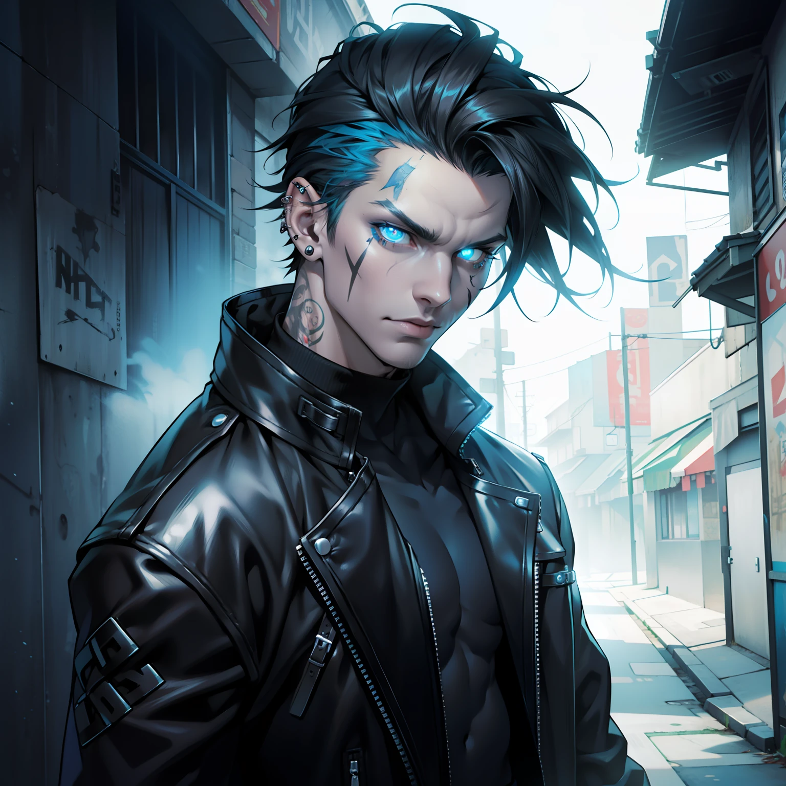 Male. Attractive Zombie. Glowing blue eyes. Slender, hut muscled. Black hair. Punk hairstyle. Lots of piercings. Dressed in leather.