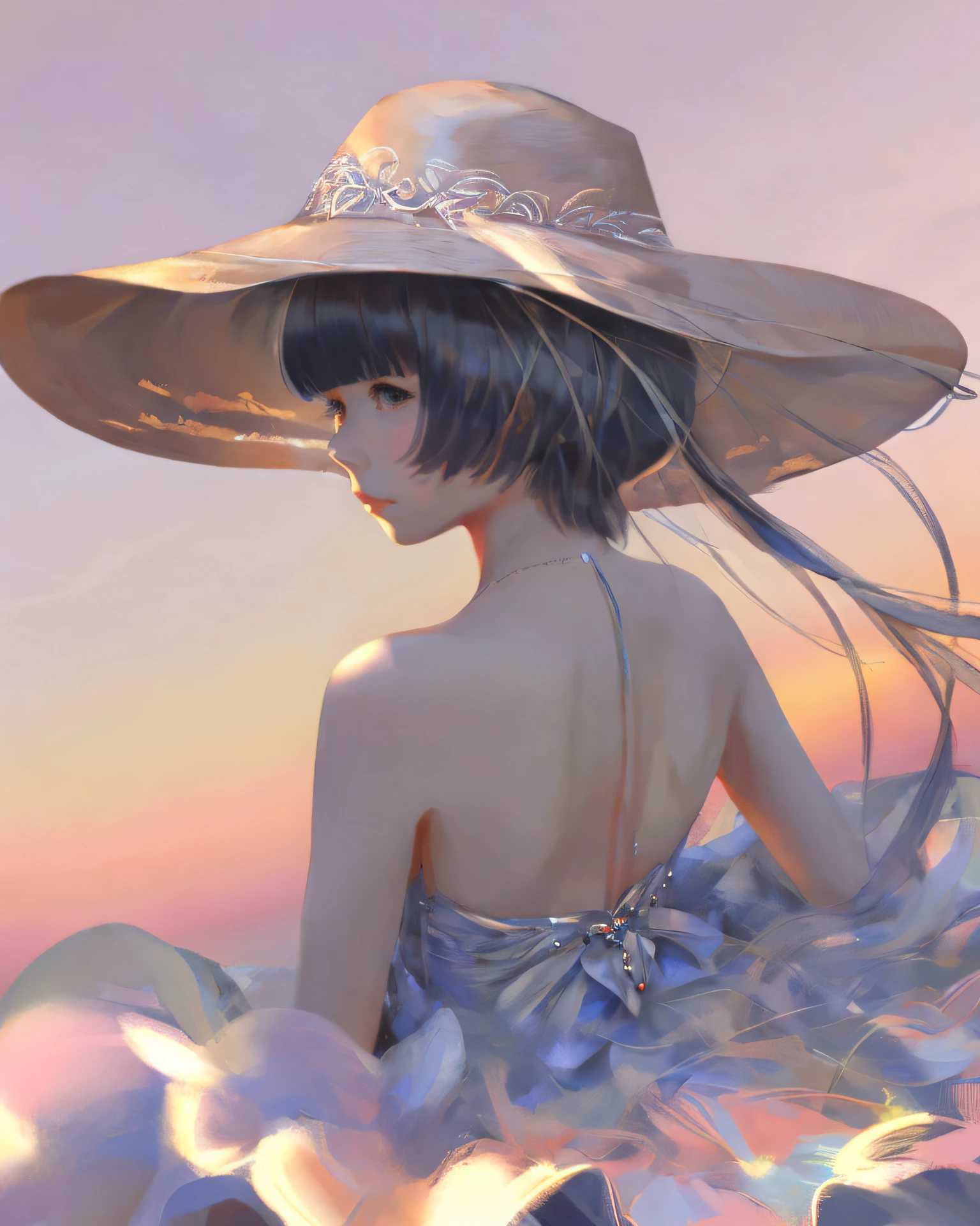 dal, (best quality, masterpiece, intricate detail:1.2), , 1girl, back shot, bangs, bare_shoulders, blunt_bangs, blush, dress, hime_cut, long_hair, looking_at_viewer, looking_back, mole_under_eye, simple_background, skirt, solo, sun_hat, sundress, garden_background, white_skirt,