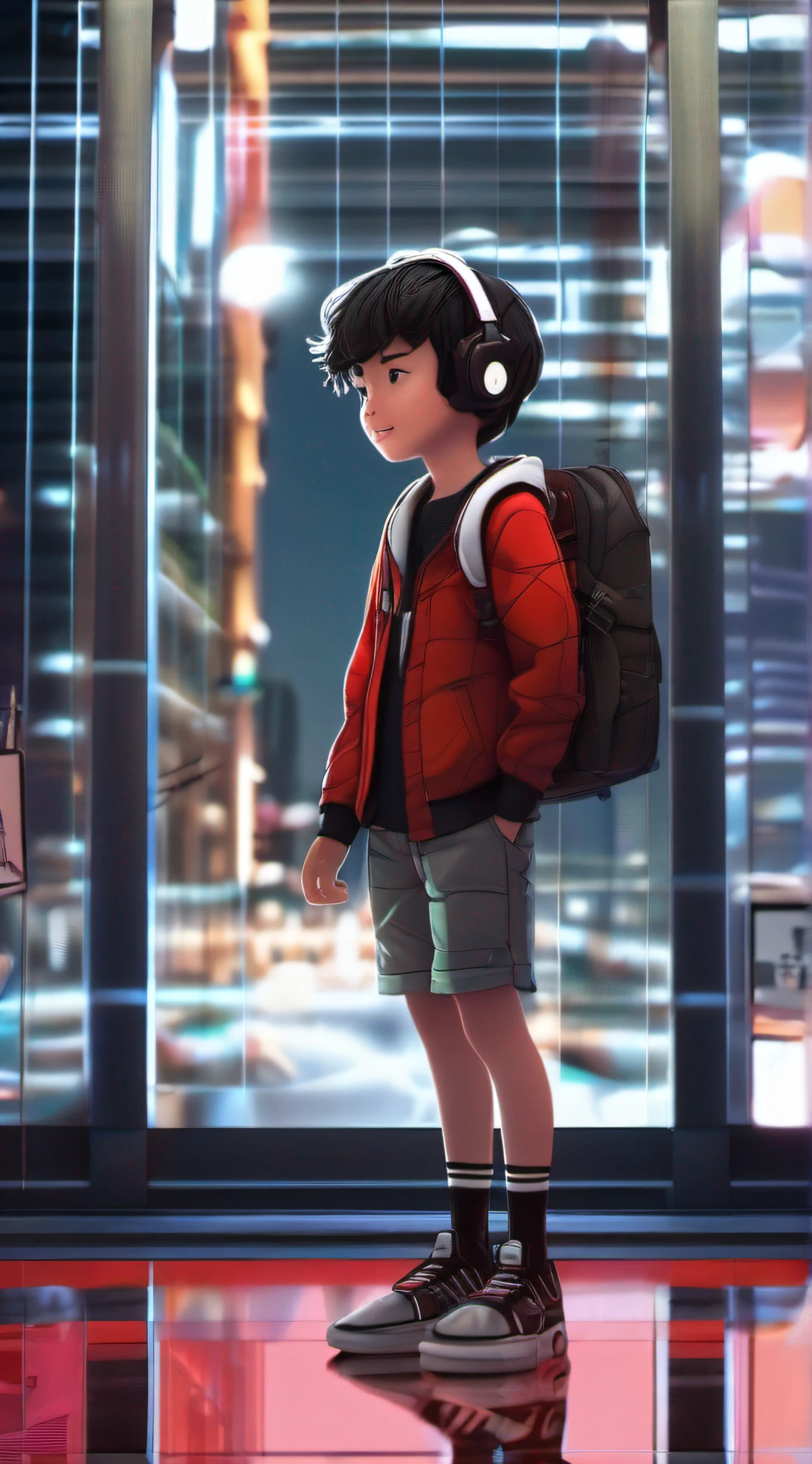 (masterpiece), best quality, 8k, official art, cinematic light, ultra high res, 1 boy, red jacket, shorts, black hair, headphones, backpack, standing, full body. sidewalk in foreground, graffiti in background. night. lamplight lighting. intricate, insanely detailed, digital illustration, niji kawaii, pixar style, vray tracing, hdr