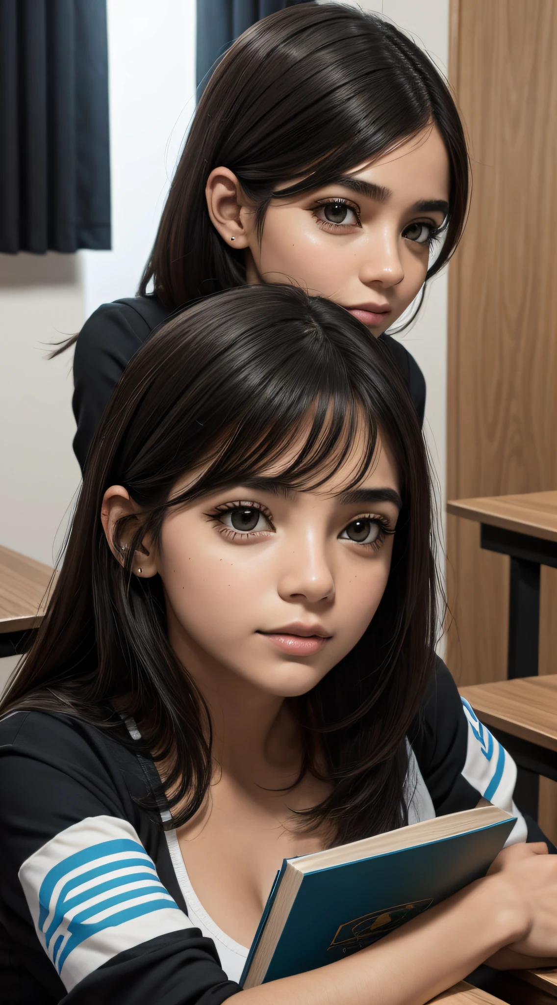 nsfw, obra-prima, melhor qualidade, ultra-detalhado, semi-realista, detailedfacialfeatures,1girl,cabelos negros compridos, voluptuosa, usando uniforme escolar escuro, shy look,decotado, segurando um livros,dentro de uma sala de aula --auto