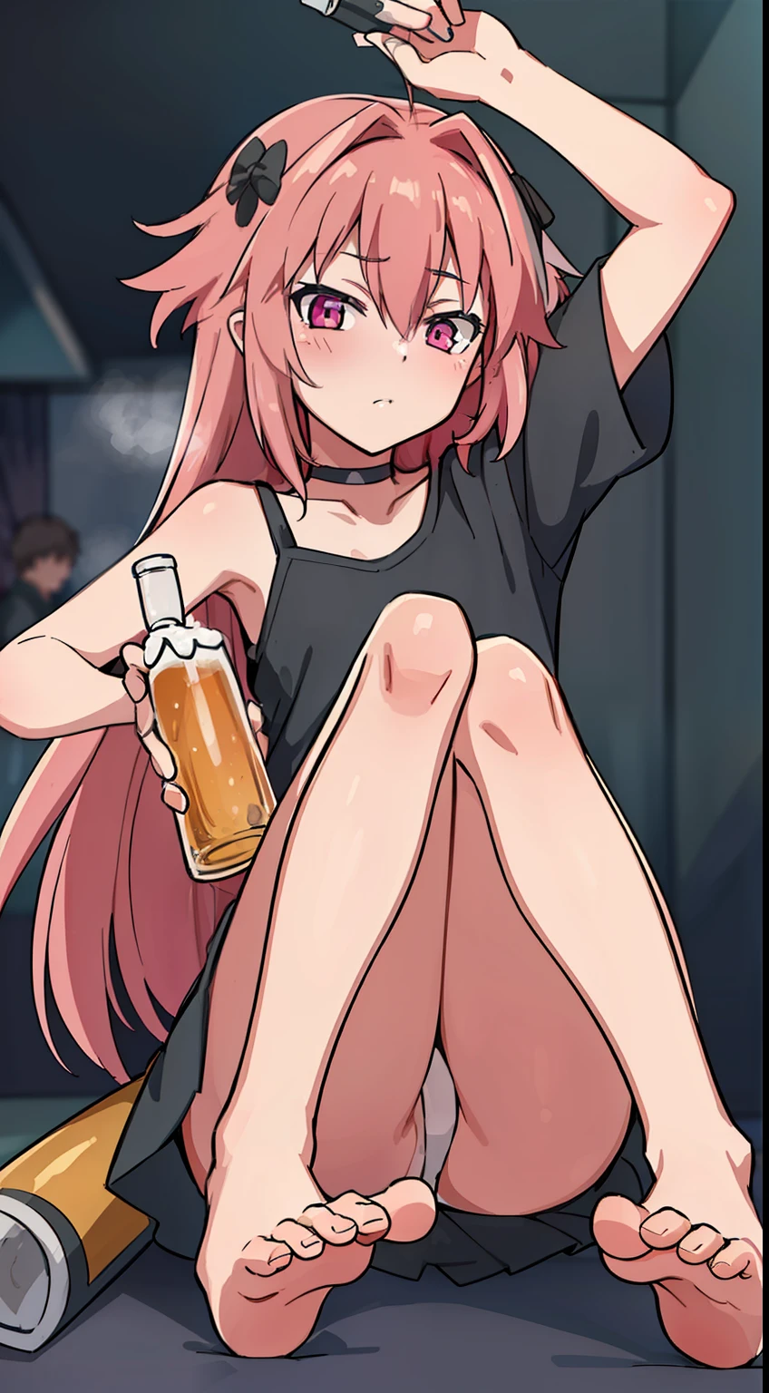 hiquality, tmasterpiece (One guy Astolfo male, Smokes. A bottle of beer in hand. Upskirt. bare feet. Against the backdrop of a party in a dark room with a crowd of people and colorful lights