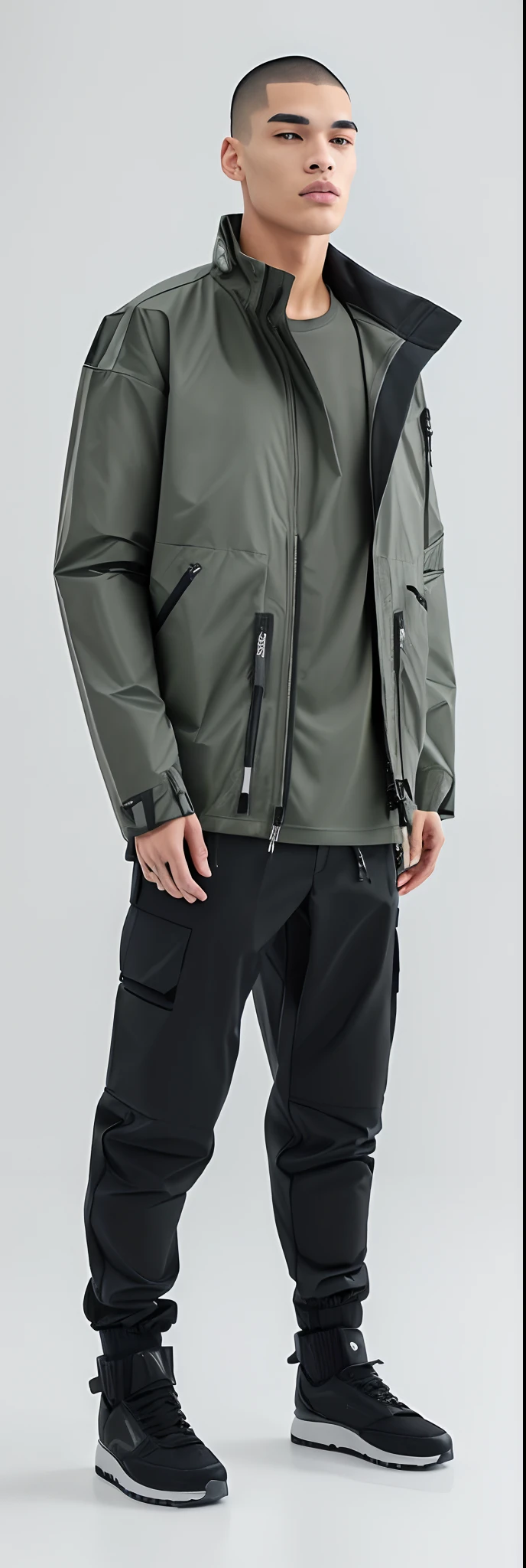 A man in a green shirt and black pants standing in a white room, roupas Techwear, vestindo roupas urbanas, Estilo Temor de Deus, wearing japanese techwear, grey jacket, Techwear Look e Roupas, roupas detalhadas, utilitarista, estilo cyberpunk silenciado, Techwear, jaqueta curta, streetwear casual, camadas de profundidade, altos detalhes sobre roupas