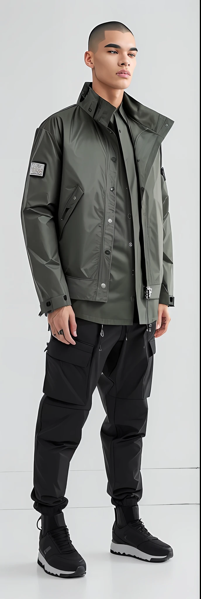 A man in a green shirt and black pants standing in a white room, roupas Techwear, vestindo roupas urbanas, Estilo Temor de Deus, wearing japanese techwear, grey jacket, Techwear Look e Roupas, roupas detalhadas, utilitarista, estilo cyberpunk silenciado, Techwear, jaqueta curta, streetwear casual, camadas de profundidade, altos detalhes sobre roupas