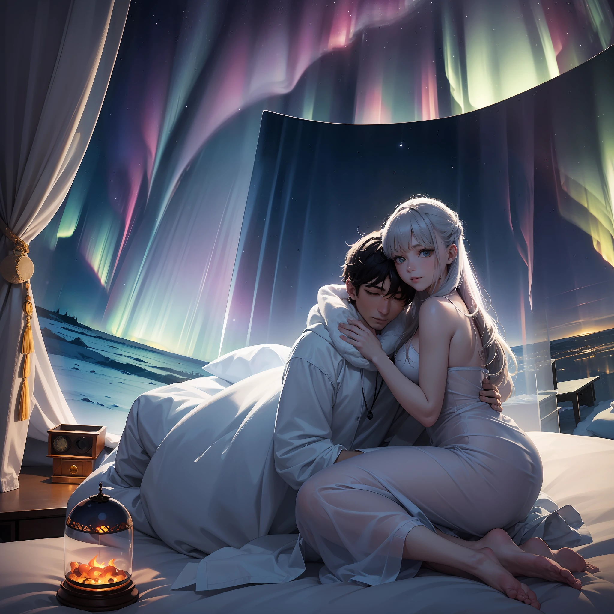 two people, man and woman, sitting on a bed in a room with a view of the aurora bore, ❤🔥🍄🌪, antartic night, lapland, ✨🕌🌙, by Julia Pishtar, with aurora borealis in the sky, inside a snow globe, in an igloo, northern lights, stunning atmosphere, gorgeous atmosphere