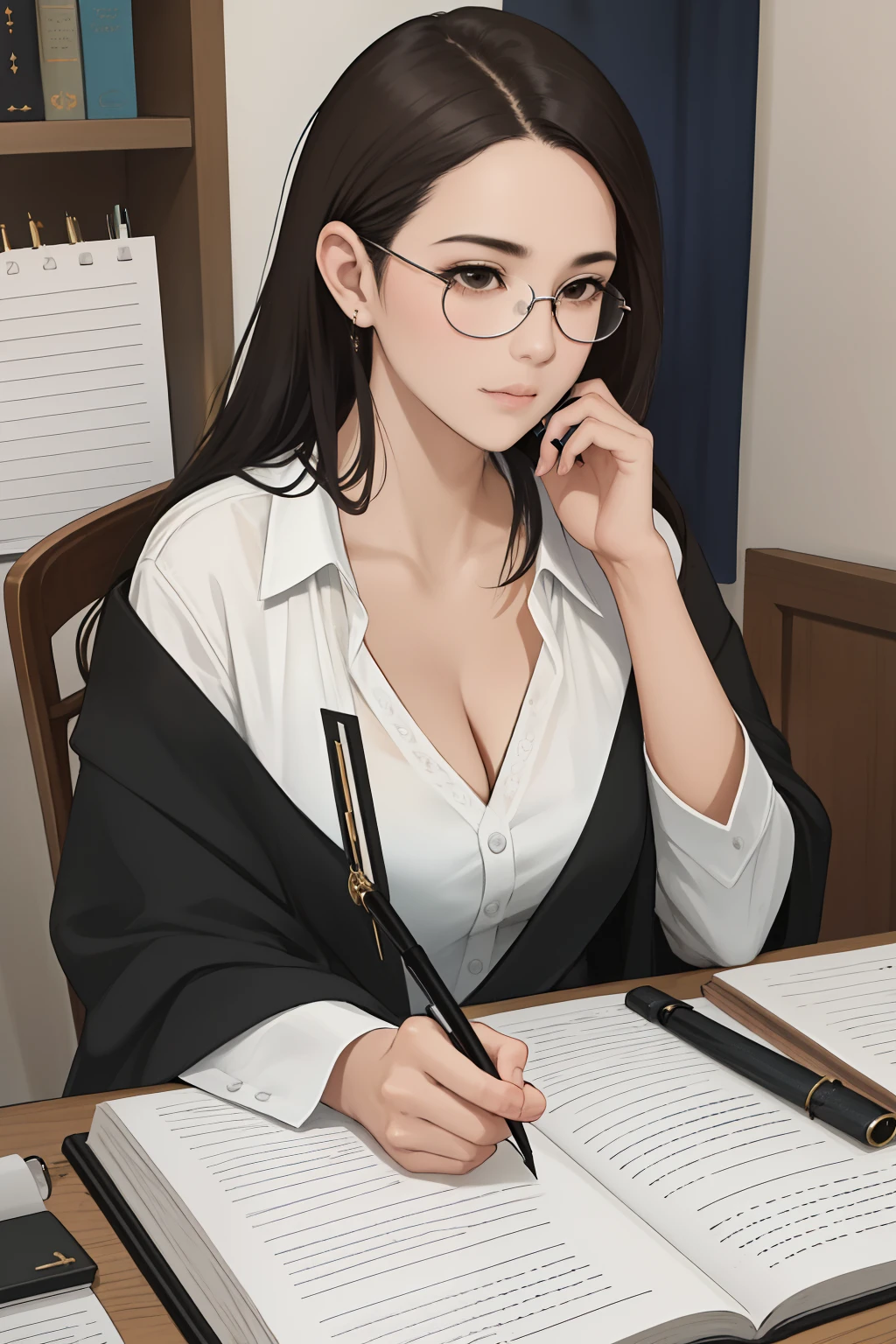 nsfw, obra-prima, melhor qualidade, ultra-detalhado, semi-realista, detailedfacialfeatures, 1woman,sensual, cabelos negros, voluptuosa, professora, pen and notebook in hands, eyeglass