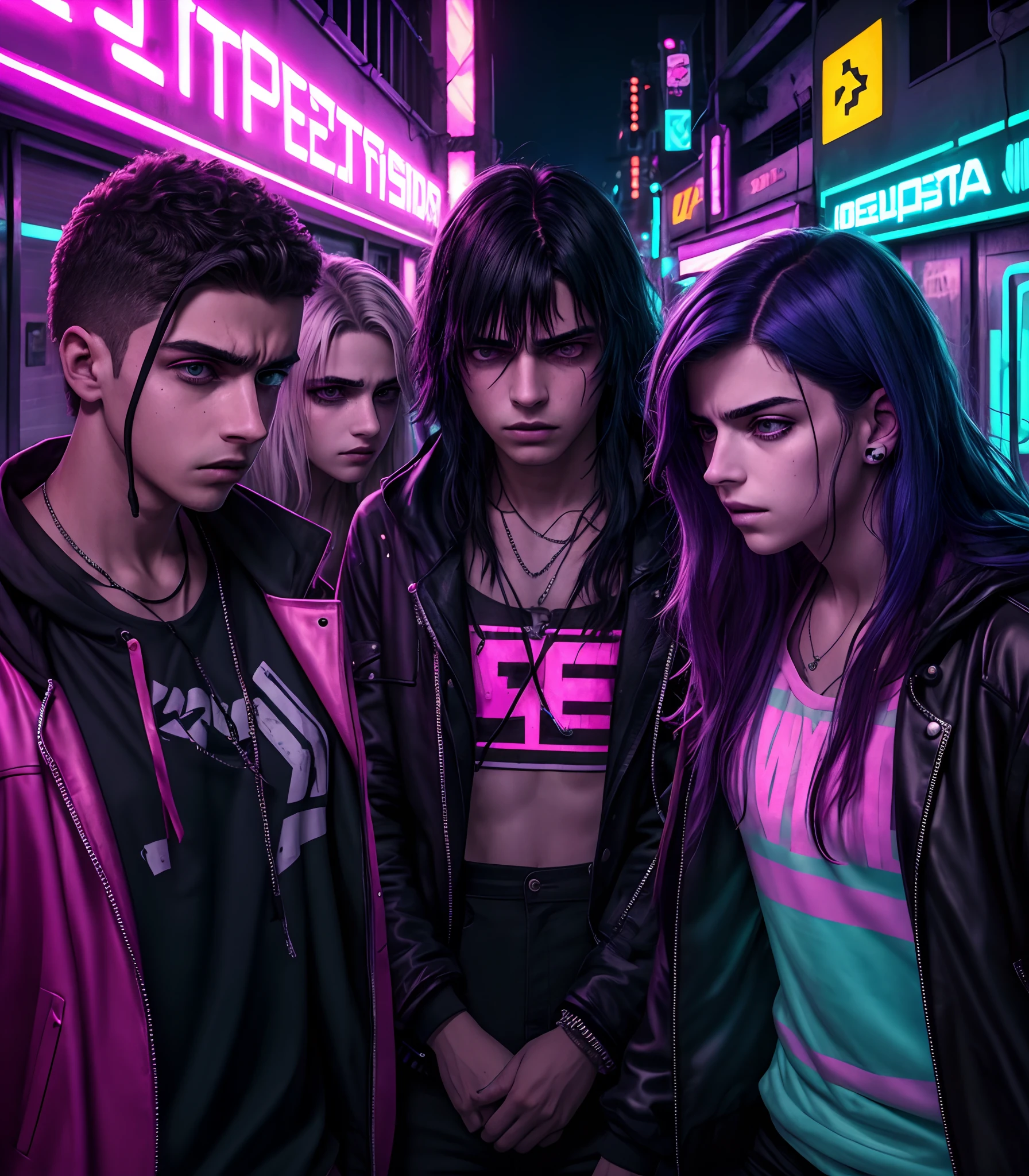 Three sad, ocidental, Hypnotized teens looking dazed and hopeless in a cyberpunk reality. Hiperealista, Neon light, alta qualidade, various characters, luzes da cidade, foco nos rostos
