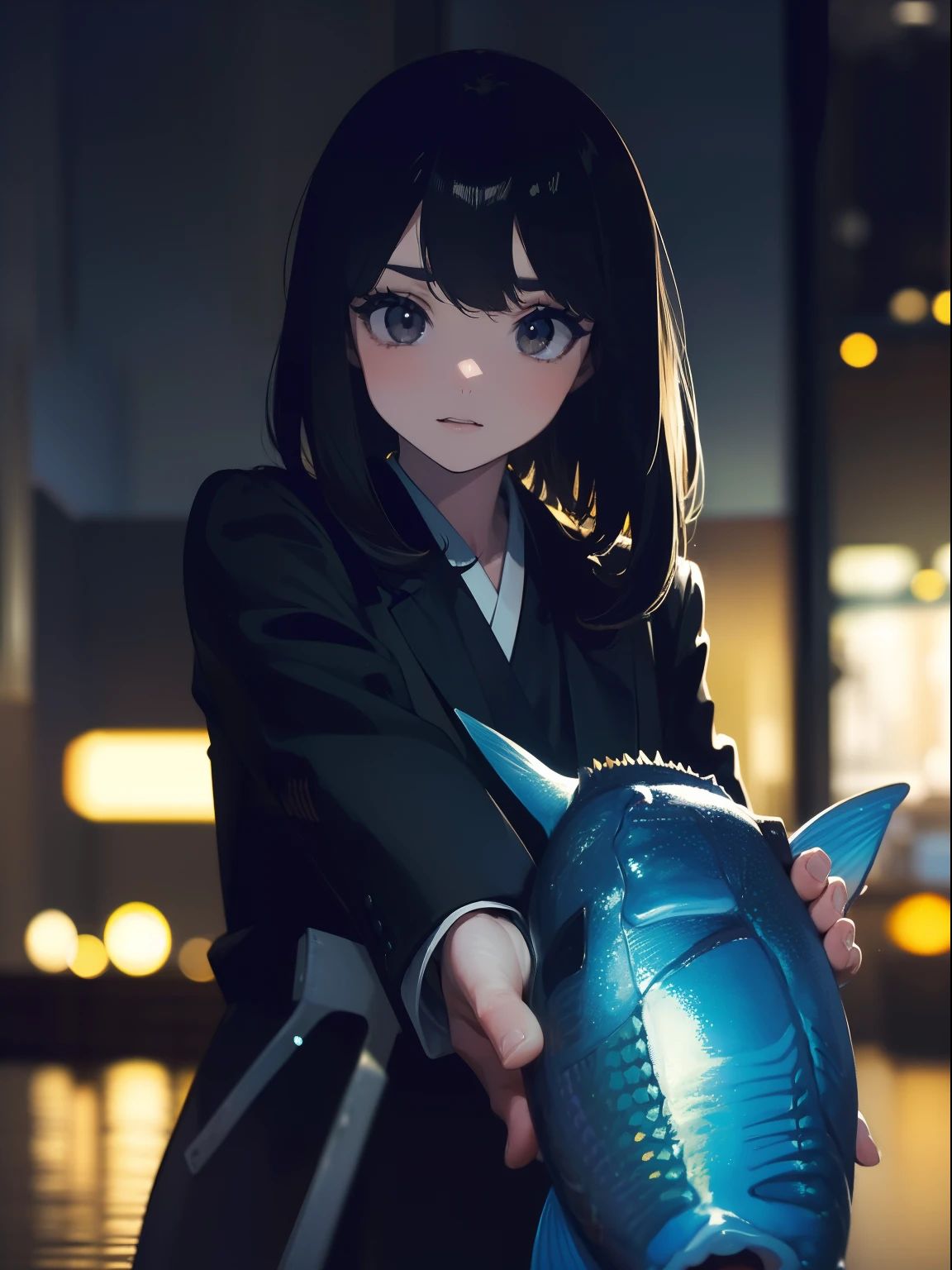 ((((Holding a big fish by the lakeside)))),((Best Quality, masutepiece :1.3)),((( Large Mouth Bass))),hight resolution,ultra-detailliert,Beauty and aesthetics,masterpiece,best qualtiy,(1 Japanese woman),Black hair, long eyeslashes, Solid Circle Eyes, deadpan, drop shadow, Atmospheric perspective,Super Detail, ccurate, small brest,(Black jacket :1.1),top-quality, absurderes:1.2, blurry backround, bokeh dof:1.2, a picture, (masterpiece:1.3), (intricate detailes:1.2), Atmospheric perspective,Super Detail, ccurate,