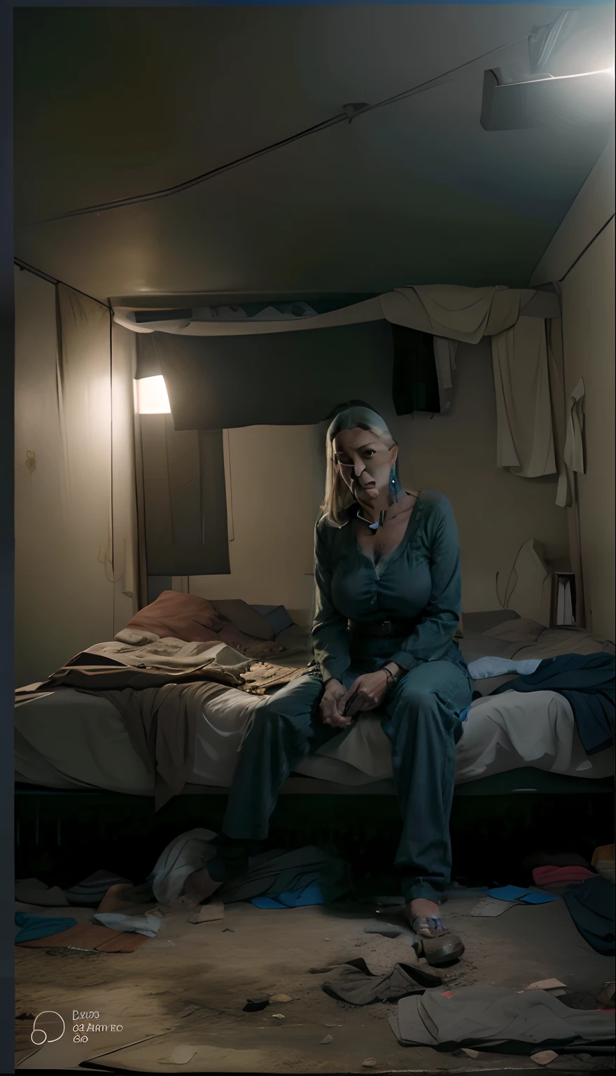 Uma Mulher muito magra, 49 anos, rosto muito magro, tudo sujo, mulher magra, Roupas Sujas, sentado em uma cama, quarto sujo, junk on the ground, paredes sujas, ambiente muito sujo, corpo da mulher muito magro, quarto escuro, sharp facial features, Ultra realista, 8k