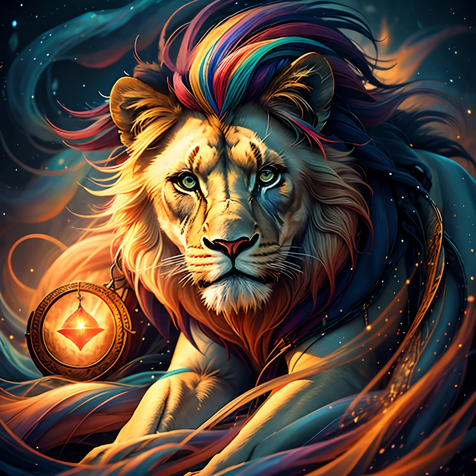 a painting of a colored lion on a black background, breathtaking rendering, within a radiant connection, inspired by Kinuko Y. Craft,, magical elements, wow, is beautiful, casting a multi colorful spell, bright flash, flash