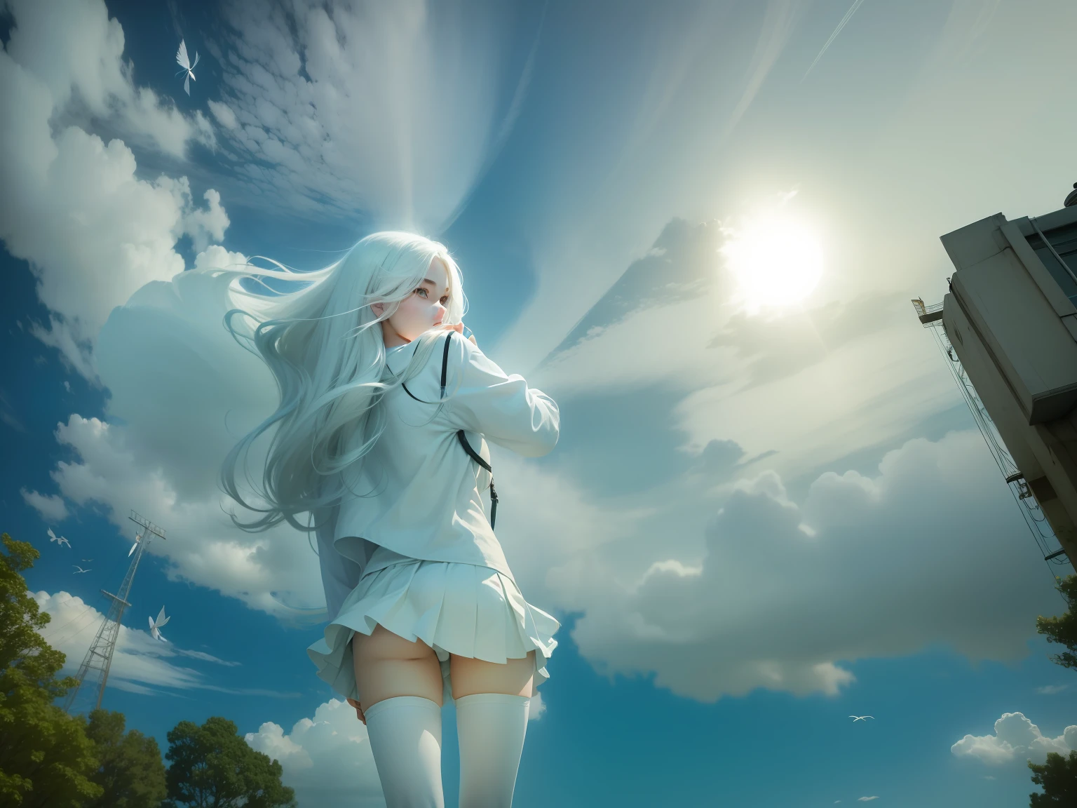 Beautiful girl for high school students,Long white hair fluttering in the wind