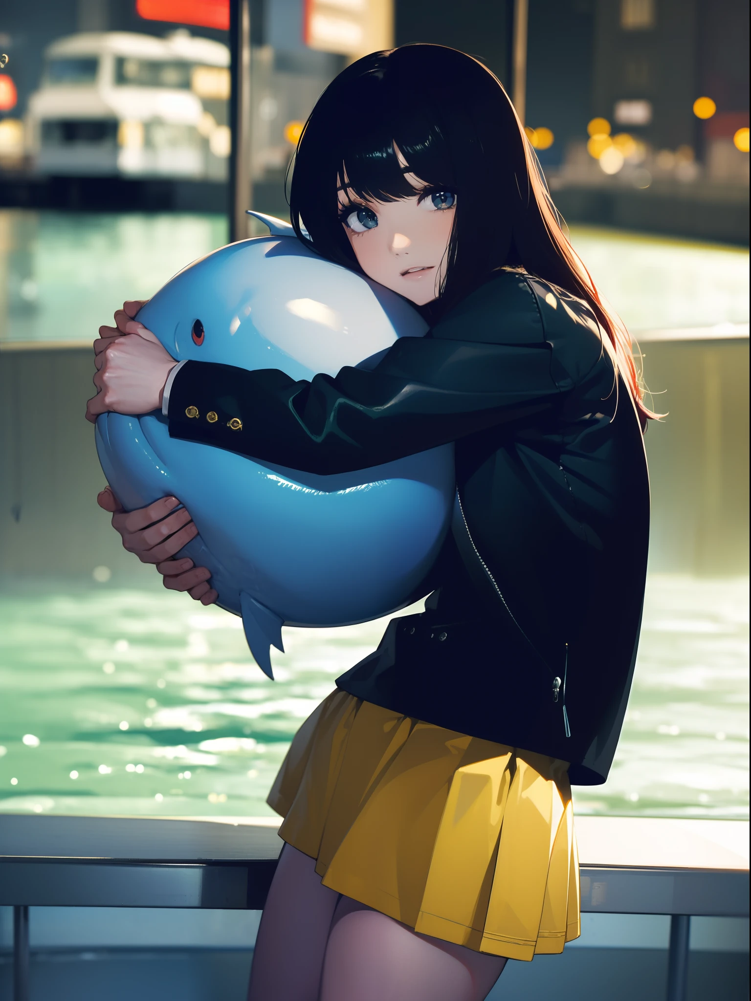 ((((Hugging a big fish by the lake)))),((Best Quality, masutepiece :1.3)),((( Large Mouth Bus))),hight resolution,ultra-detailliert,Beauty and aesthetics,​masterpiece,best qualtiy,(1 Japanese woman),Black hair, long eyeslashes, Solid Circle Eyes, deadpan, drop shadow, Atmospheric perspective,Super Detail, ccurate, small brest,(Black jacket :1.1),top-quality, absurderes:1.2, blurry backround, bokeh dof:1.2, a picture, (​masterpiece:1.3), (intricate detailes:1.2), Atmospheric perspective,Super Detail, ccurate,