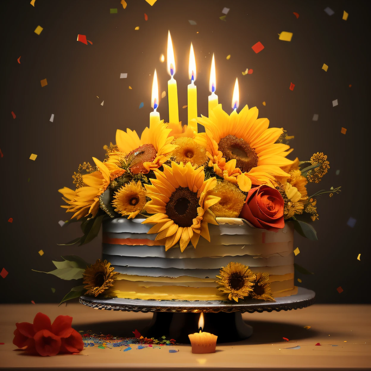 there is a cake with sunflowers and candles on it, birthday cake, happy birthday, celebrating a birthday, celebrating, happy birthday candles, cake art, cake, on a dark background, by Aleksander Gierymski, against dark background, by Marie Bashkirtseff, birthday cake on the ground, by Alison Geissler, istock, celebration