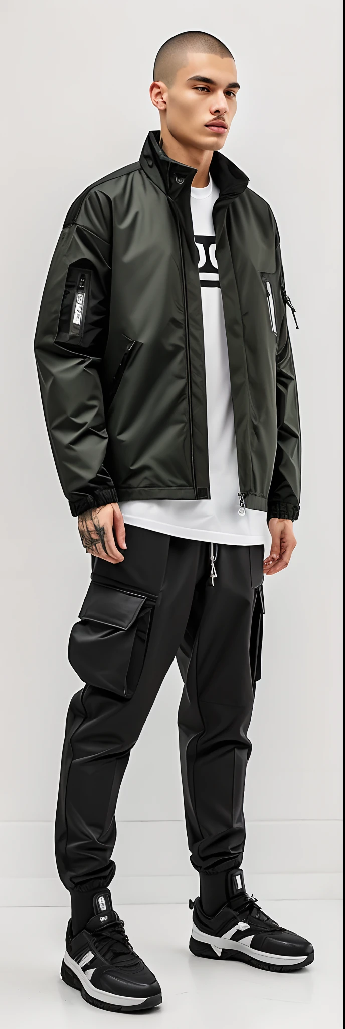 A man in a green shirt and black pants standing in a white room, roupas Techwear, vestindo roupas urbanas, Estilo Temor de Deus, wearing japanese techwear, grey jacket, Techwear Look e Roupas, roupas detalhadas, utilitarista, estilo Cyberpunk silenciado, Techwear, jaqueta curta, streetwear casual, camadas de profundidade, altos detalhes sobre roupas