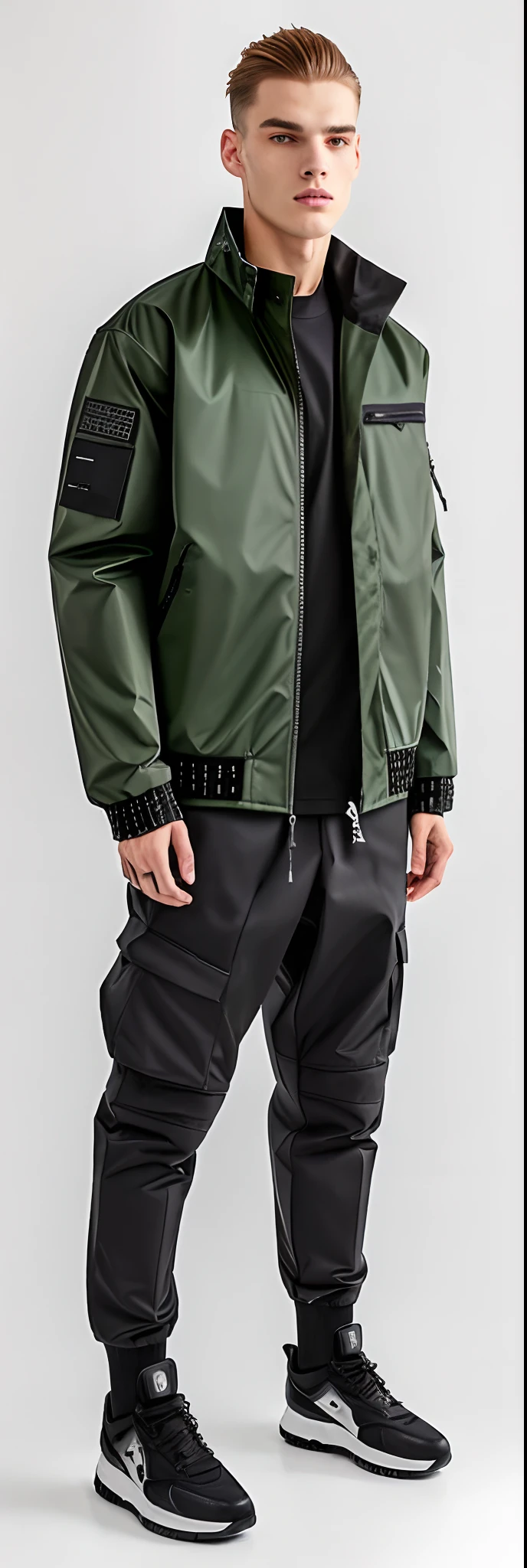 A man in a green shirt and black pants standing in a white room, roupas Techwear, vestindo roupas urbanas, Estilo Temor de Deus, wearing japanese techwear, grey jacket, Techwear Look e Roupas, roupas detalhadas, utilitarista, estilo Cyberpunk silenciado, Techwear, jaqueta curta, streetwear casual, camadas de profundidade, altos detalhes sobre roupas