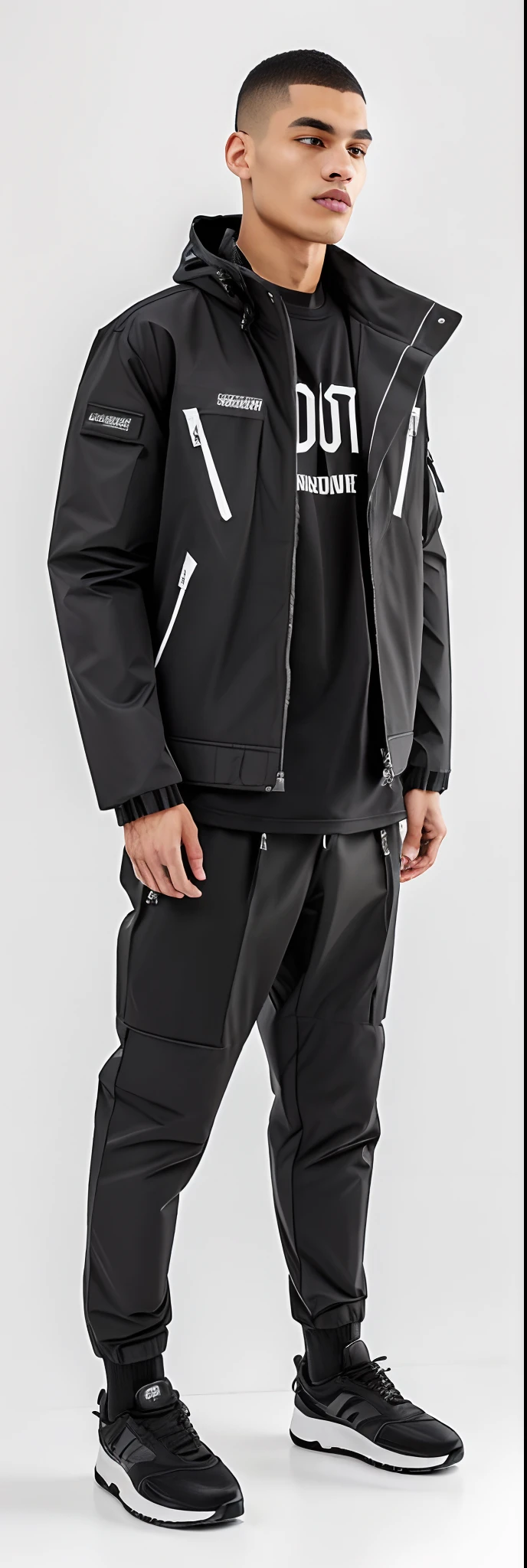 A man in a green shirt and black pants standing in a white room, roupas Techwear, vestindo roupas urbanas, Estilo Temor de Deus, wearing japanese techwear, grey jacket, Techwear Look e Roupas, roupas detalhadas, utilitarista, estilo Cyberpunk silenciado, Techwear, jaqueta curta, streetwear casual, camadas de profundidade, altos detalhes sobre roupas