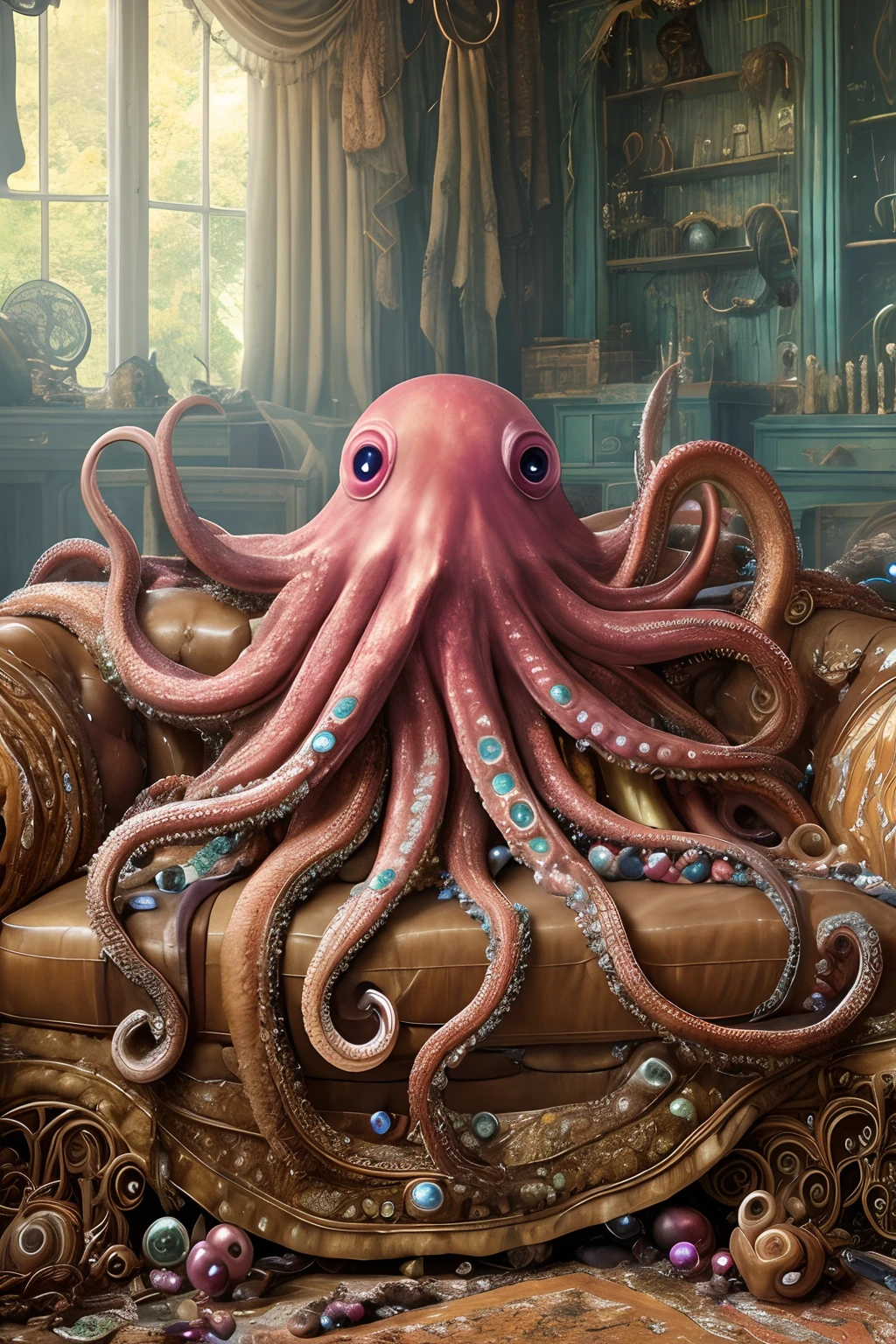 giant octopus lay on old couch, multi many eyes, fractal tint tentacles, smooth shiny colorfully skin, lots of stuffed gems and various clutter and mess in background, intricate, highly detailed