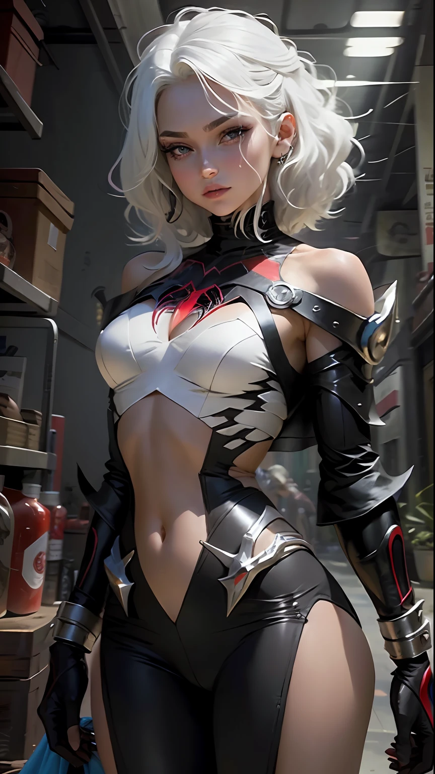 Linda mulher corpo definido detalhado usando cosplay homem aranha, seios pequenos, with shoulder-length white hair, olhos vermelhos